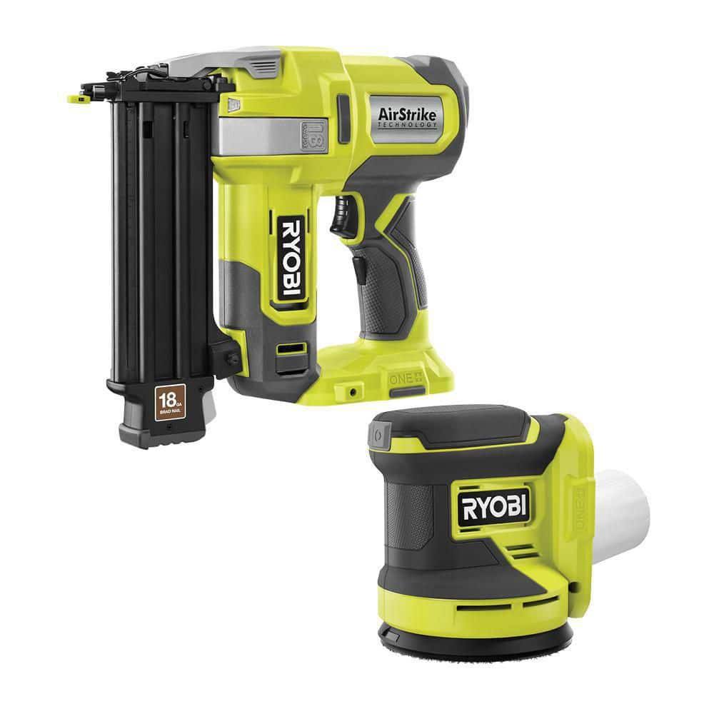 Ryobi P321-PCL406B One+ 18V 18-Gauge Cordless Airstrike Brad Nailer with Cordless 5 in. Random Orbit Sander