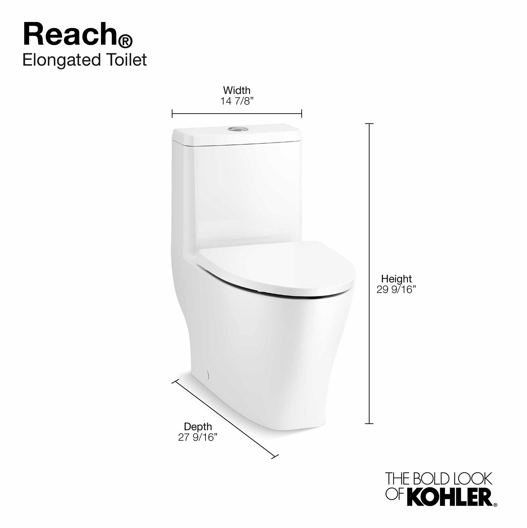 Kohler 23188-0 Reach One-Piece Compact Elongated Dual-Flush Toilet with Skirted Trapway- White
