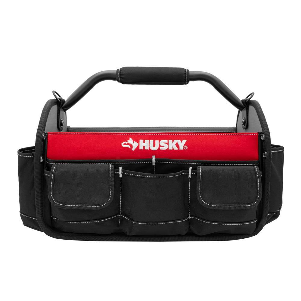 Husky 17 in. Open Top Weather Resistant Tool Tote Bag in Red with 18 Total Pockets and Heavy-Duty Rotating Handle, Men's
