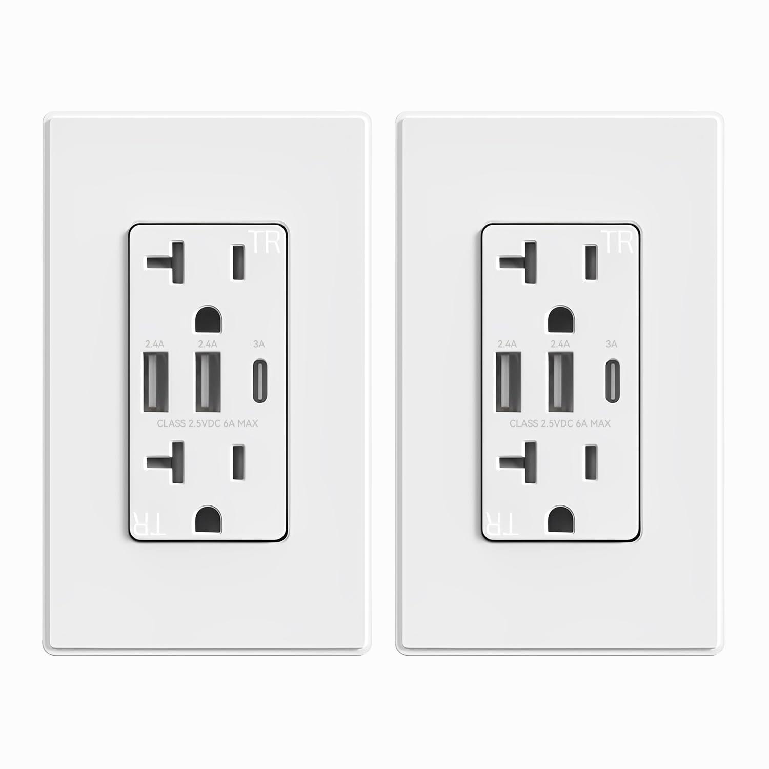 ELEGRP USB Outlets Receptacles, 3-Port USB C Wall Outlet, 30W 6.0A USB Electrical Outlet, 20 Amp Tamper-Resistant Outlet with US, White
