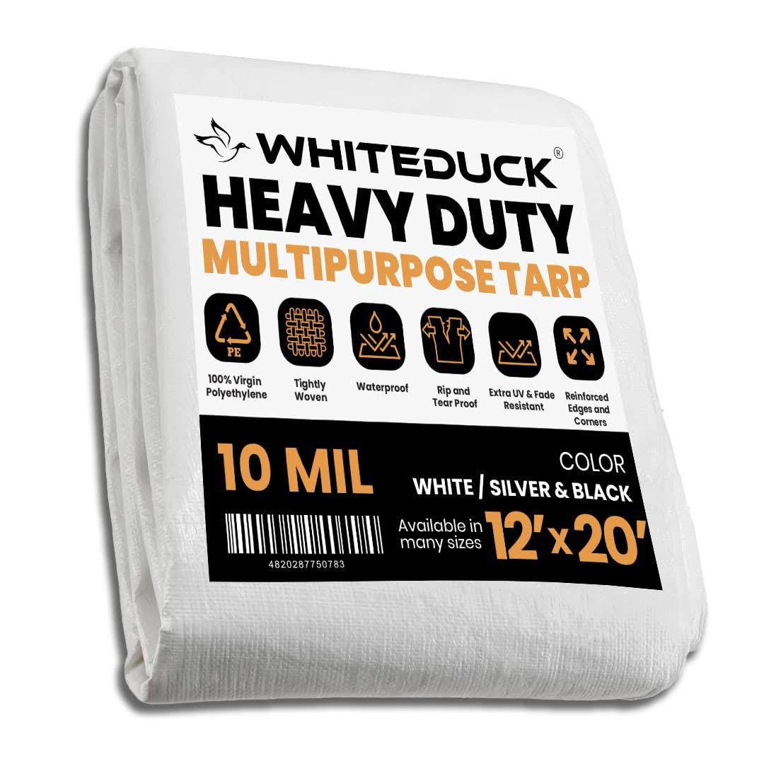WHITEDUCK Super Heavy Duty Poly Tarp 10 Mil- White Color- Thick Waterproof, UV Resistant, Rip and Tear Proof Tarpaulin with Grommets and Reinforced
