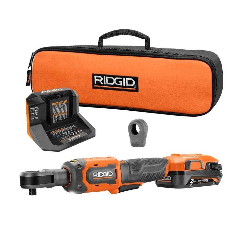 Ridgid 18V Brushless Cordless 3/8 in. Ratchet Kit with 2.0 Ah Battery and Charger and Protective Boot