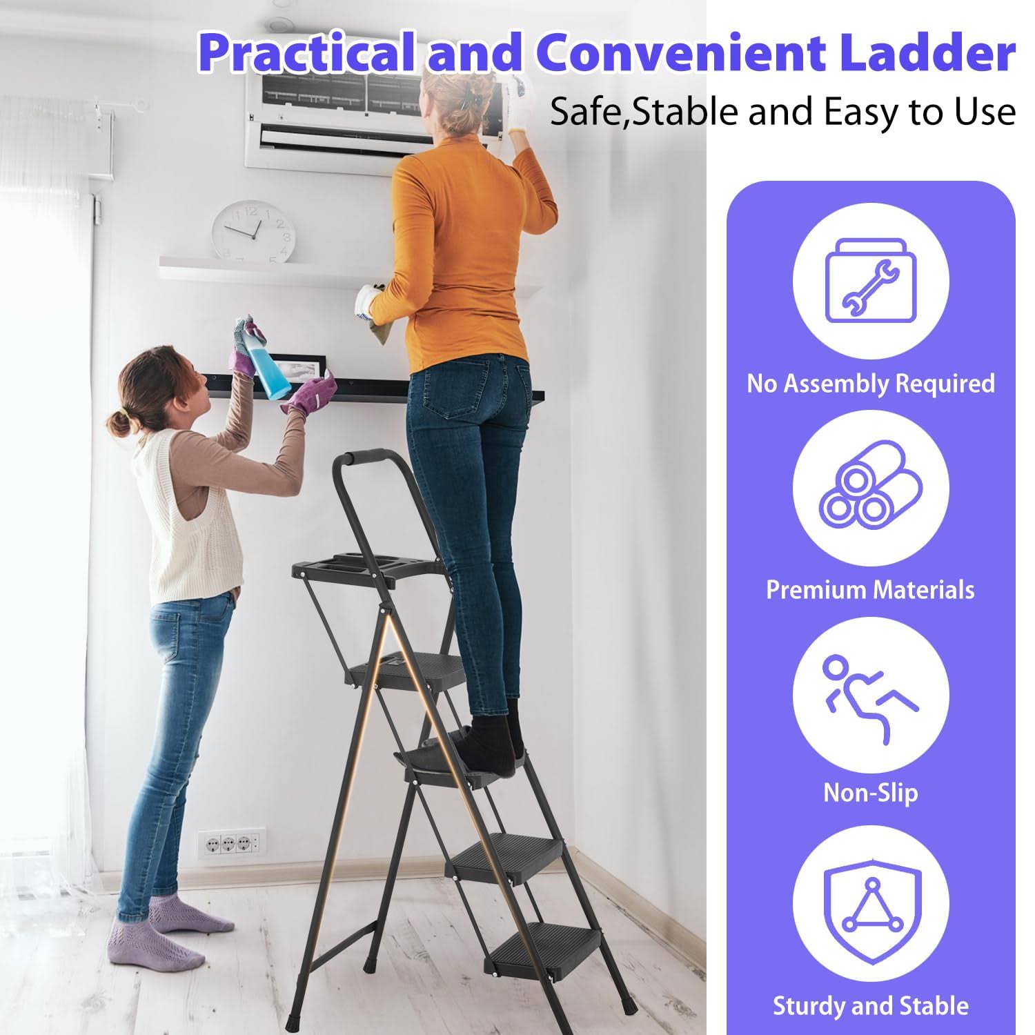 Step Ladder, Folding Step Stool with Wide Anti-Slip Pedal, Lightweight, Portable Steel Step Stool, Perfect for Kitchen& Household, Indoor and