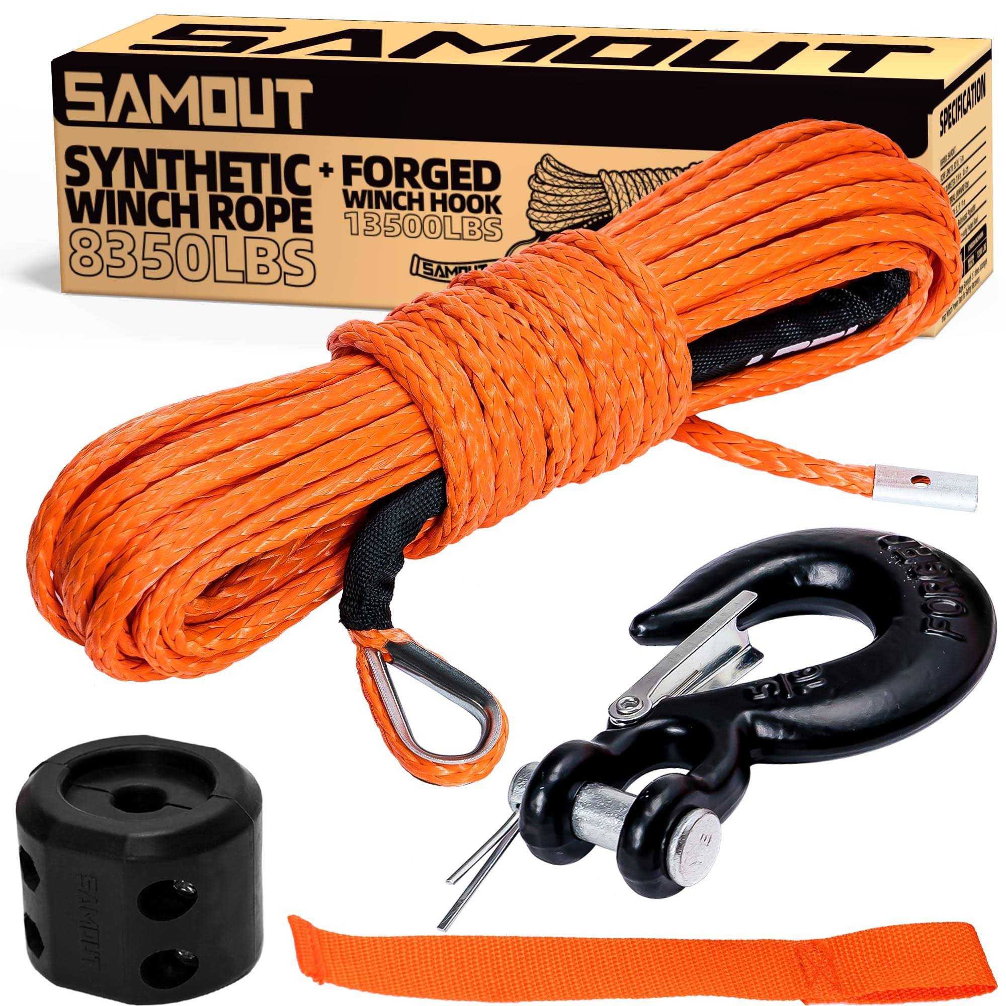 SAMOUT Synthetic Winch Rope Kit, 3/16in x 50ft 8350LBs Cable + Forged 13500LBS Winch Hook + Rubber Stopper + Safety Pull Strap