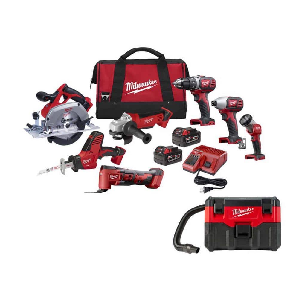 Milwaukee M18 18-Volt Lithium-Ion Cordless Tool Combo Kit with Two 3.0 Ah Batteries, Charger, Tool Bag and M18 2 gal. Wet/Dry VAC