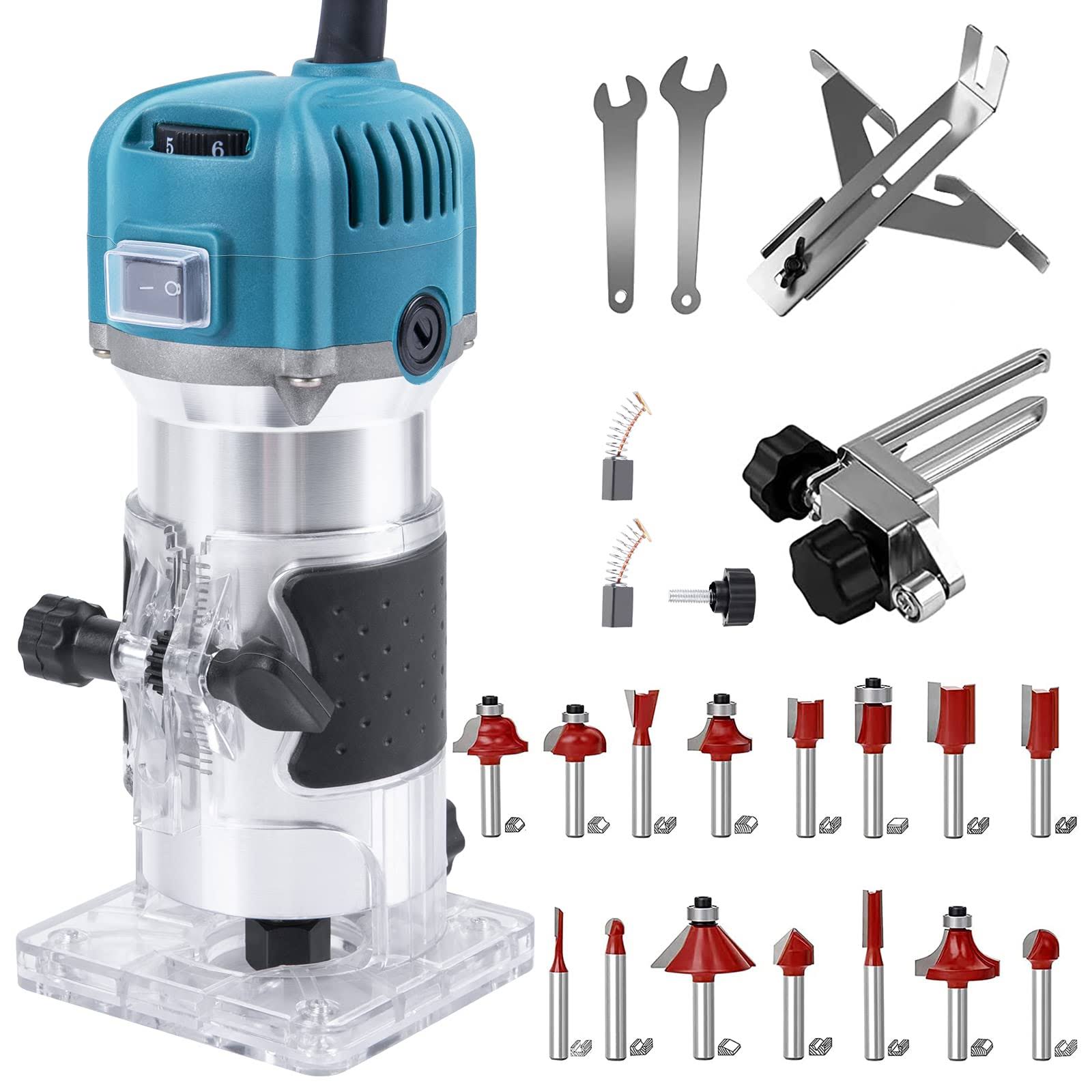 Compact Wood Router Tool 6 Speeds Adjustable Electric Hand Woodworking Trimmer Palm Router Kit with 15 Pcs Router Bits 800W 110V 33000r/min