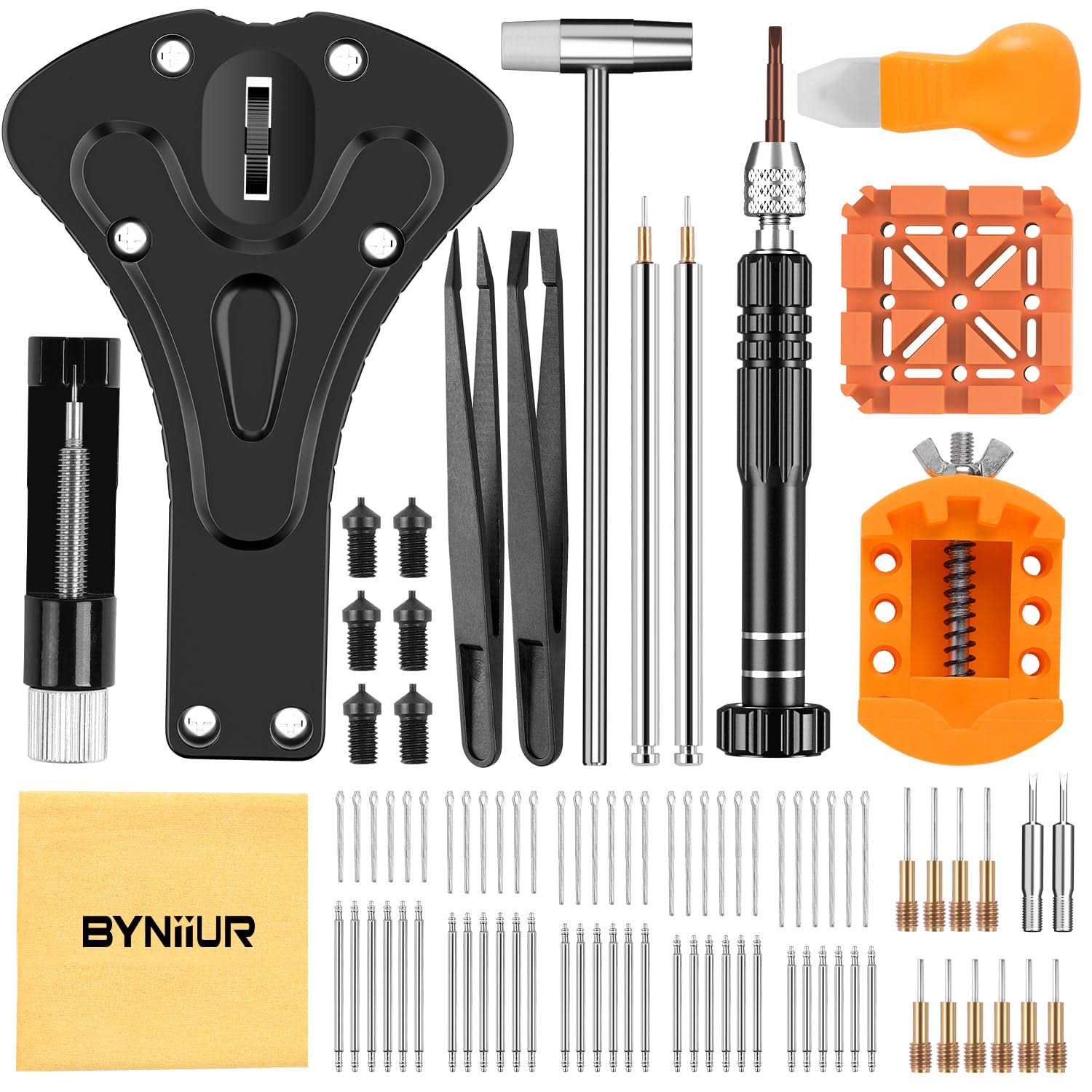 BYNIIUR Watch Repair Tool Kit, Watch Band Link Tool Set 127 Pcs Watch Case Opener Spring Bar with Carrying Bag, Replace Watch Battery Helper Multi