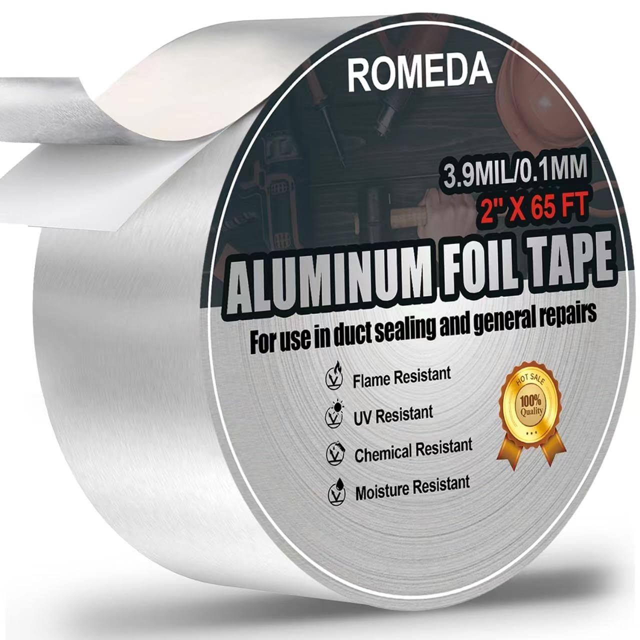 Romeda Aluminum Tape 2 inch x 65 Feet Foil Tape (39 mil) Insulation Adhesive Metal Tape High Temperature Heavy Duty HVAC Tape Silver Tape Aluminum FOI