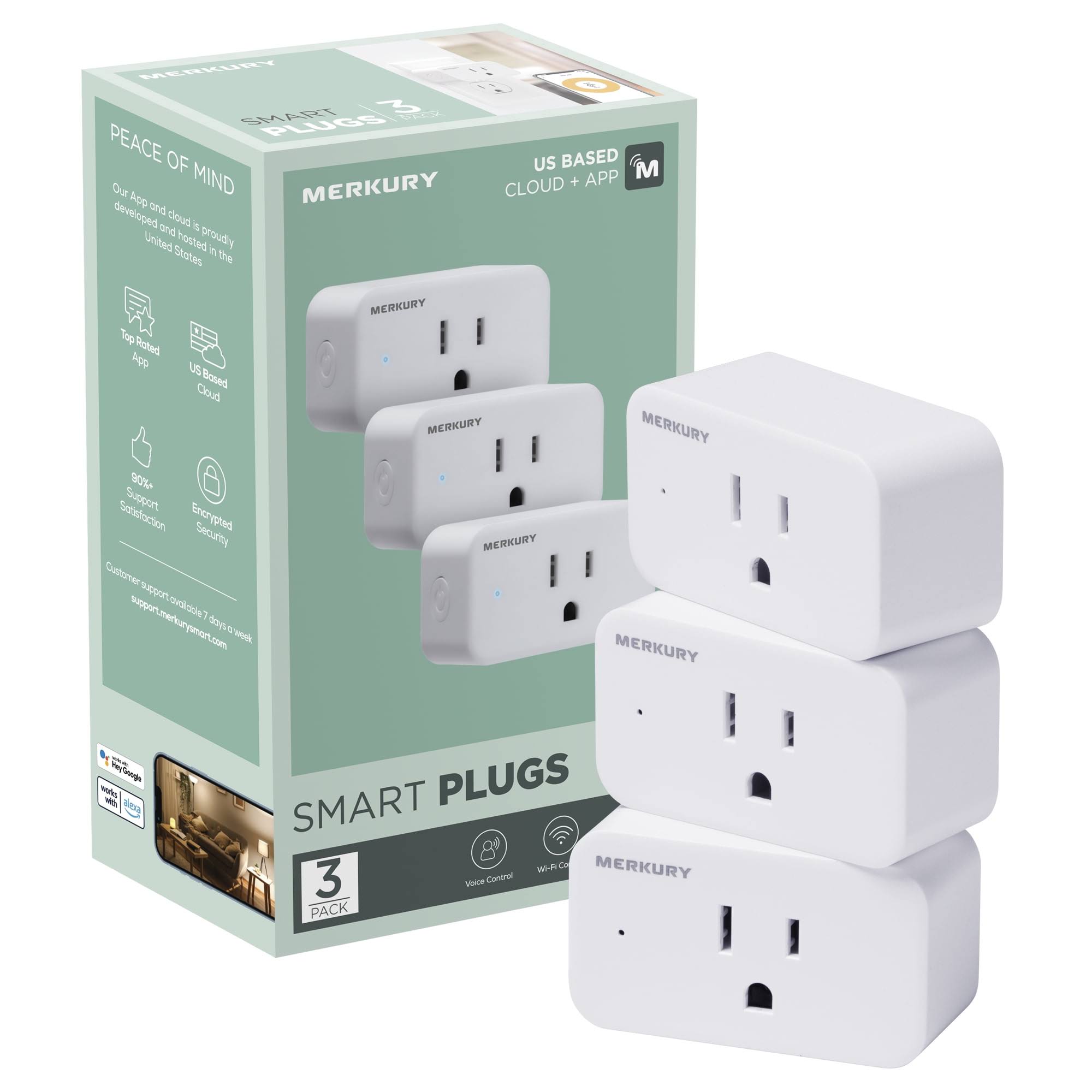 Merkury Innovations Smart Plug Compatible with Alexa & Google Assistant- White- 3 Pack