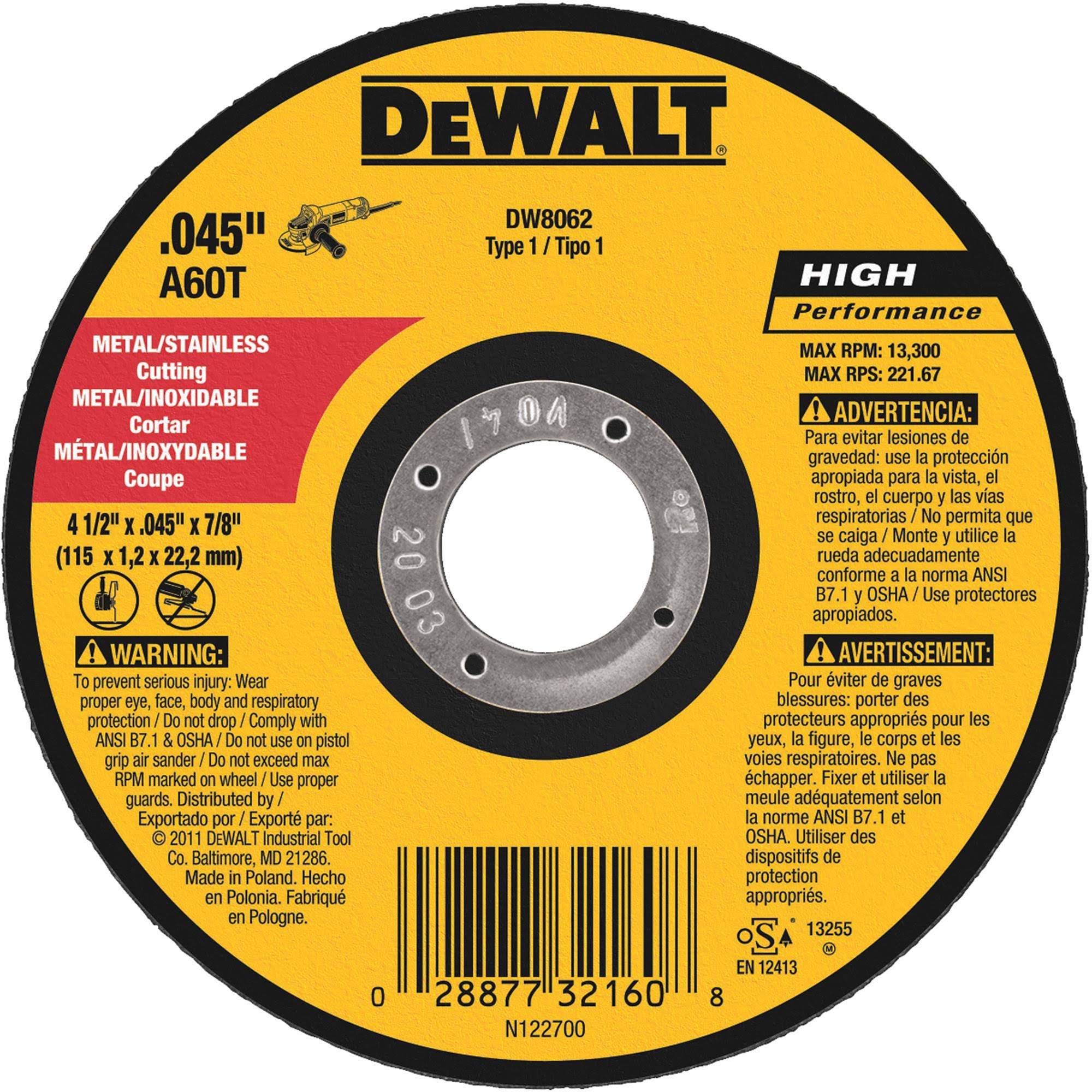 DeWalt DW8062 Thin Metal Cutting Abrasive Wheels, Type 1