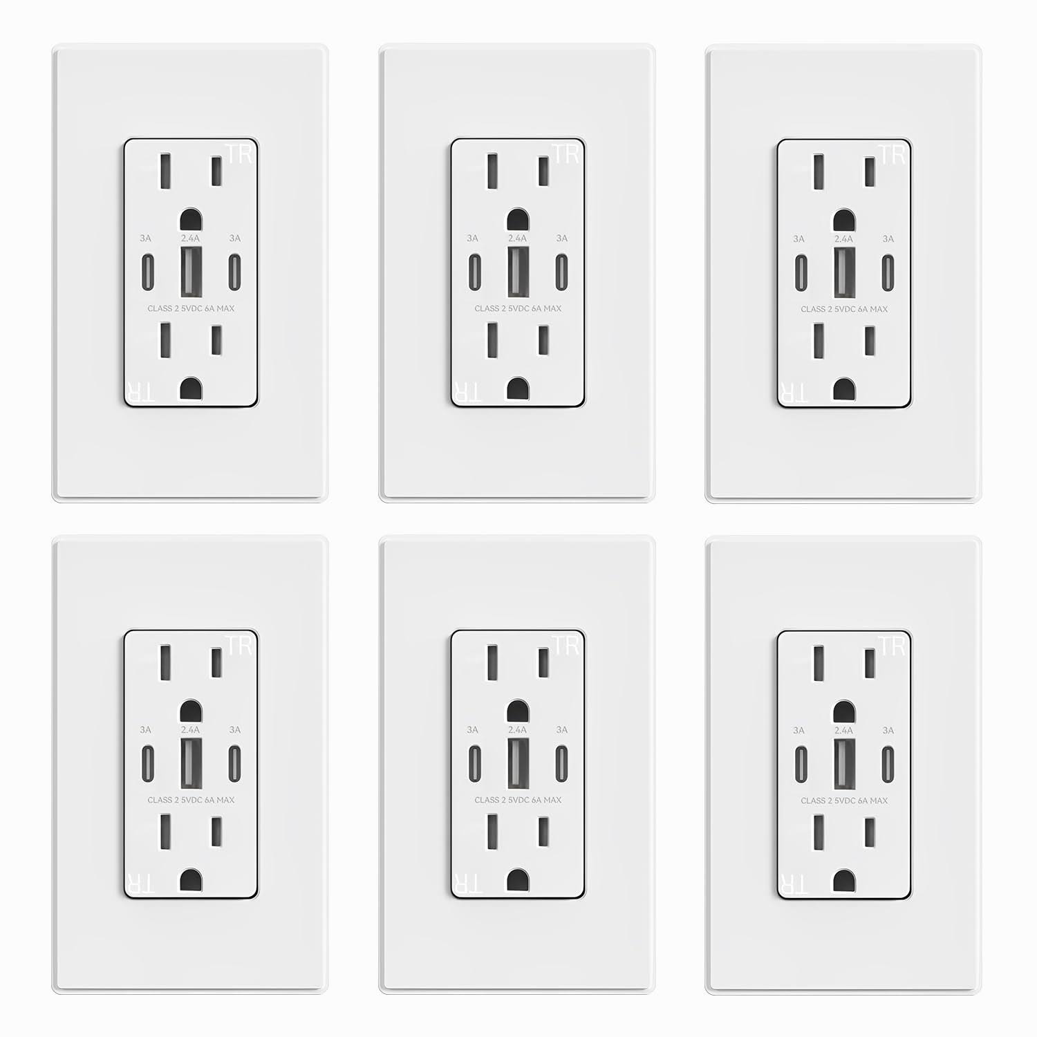 ELEGRP USB Outlets, 30W 6.0 Amp USB C Outlets Receptacles, 3-Port USB Wall Outlet, 15 Amp Tamper-Resistant Outlet with 2 USB C P, White