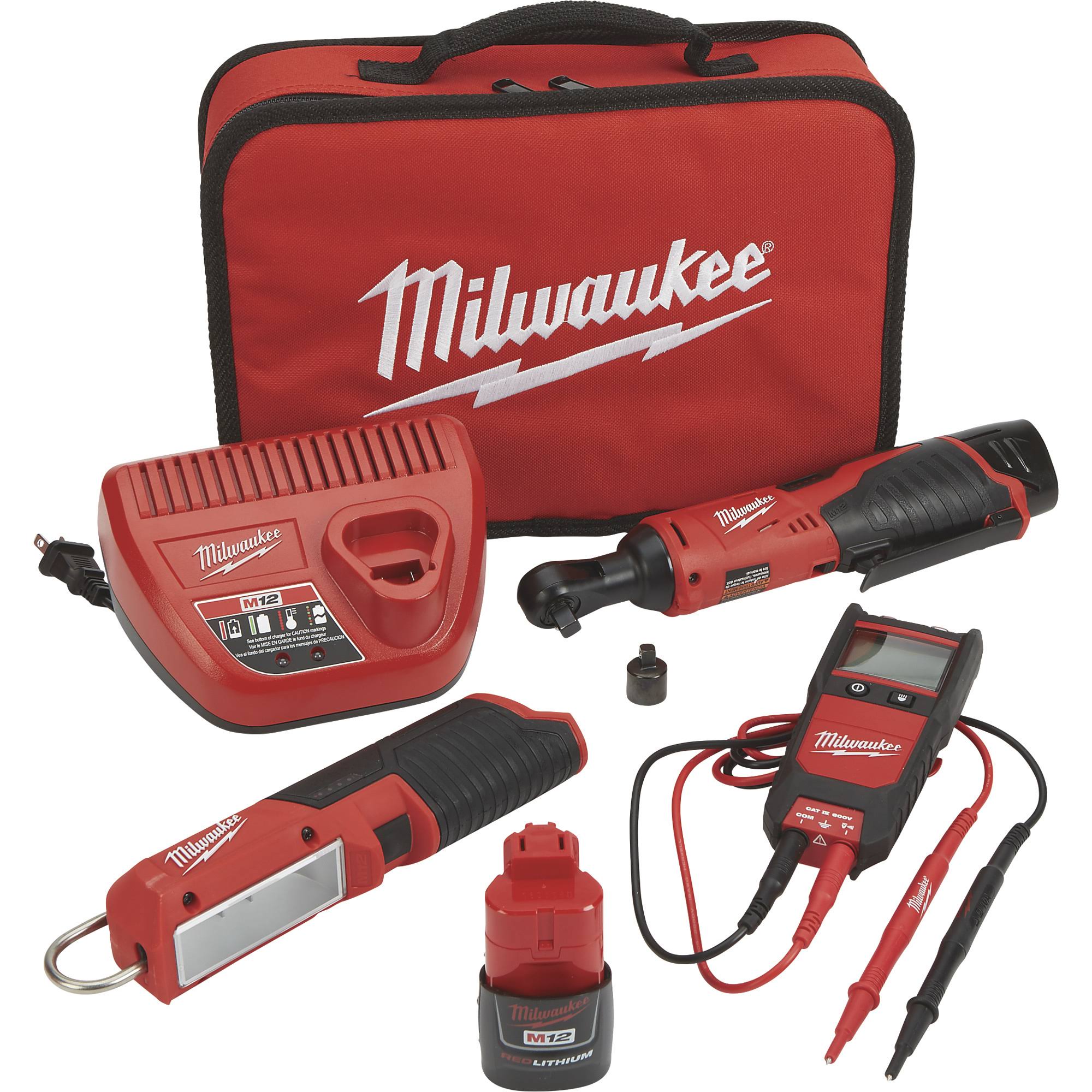 Milwaukee M12 Lithium-Ion Cordless Automotive Ratchet Set- 3-8inch Ratchet, LED