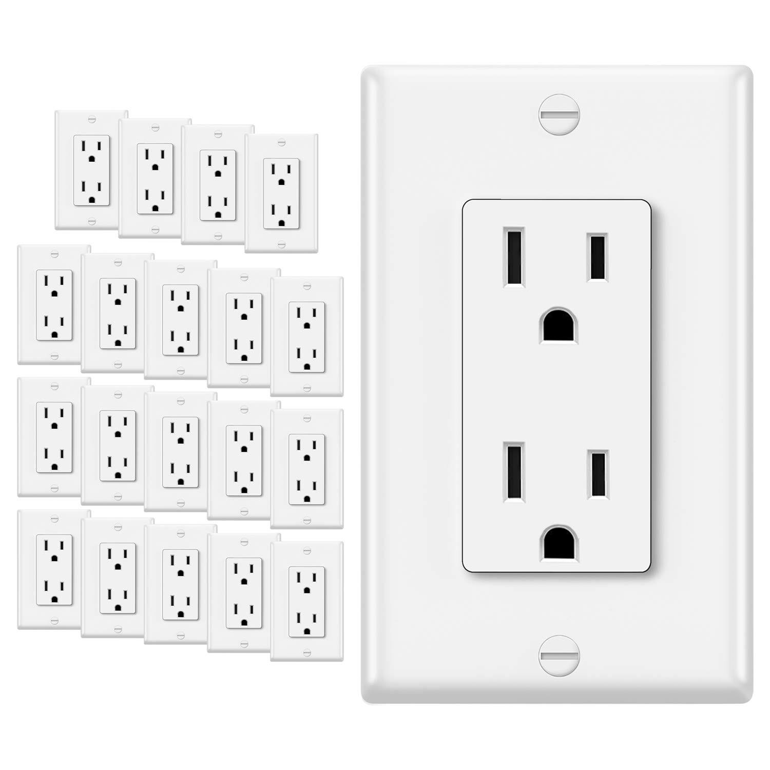 20 Pack- ELECTECK 15 Amp Decorator Outlet with Wall Plate Non-Tamper Resistant and Residential Receptacle UL Listed White