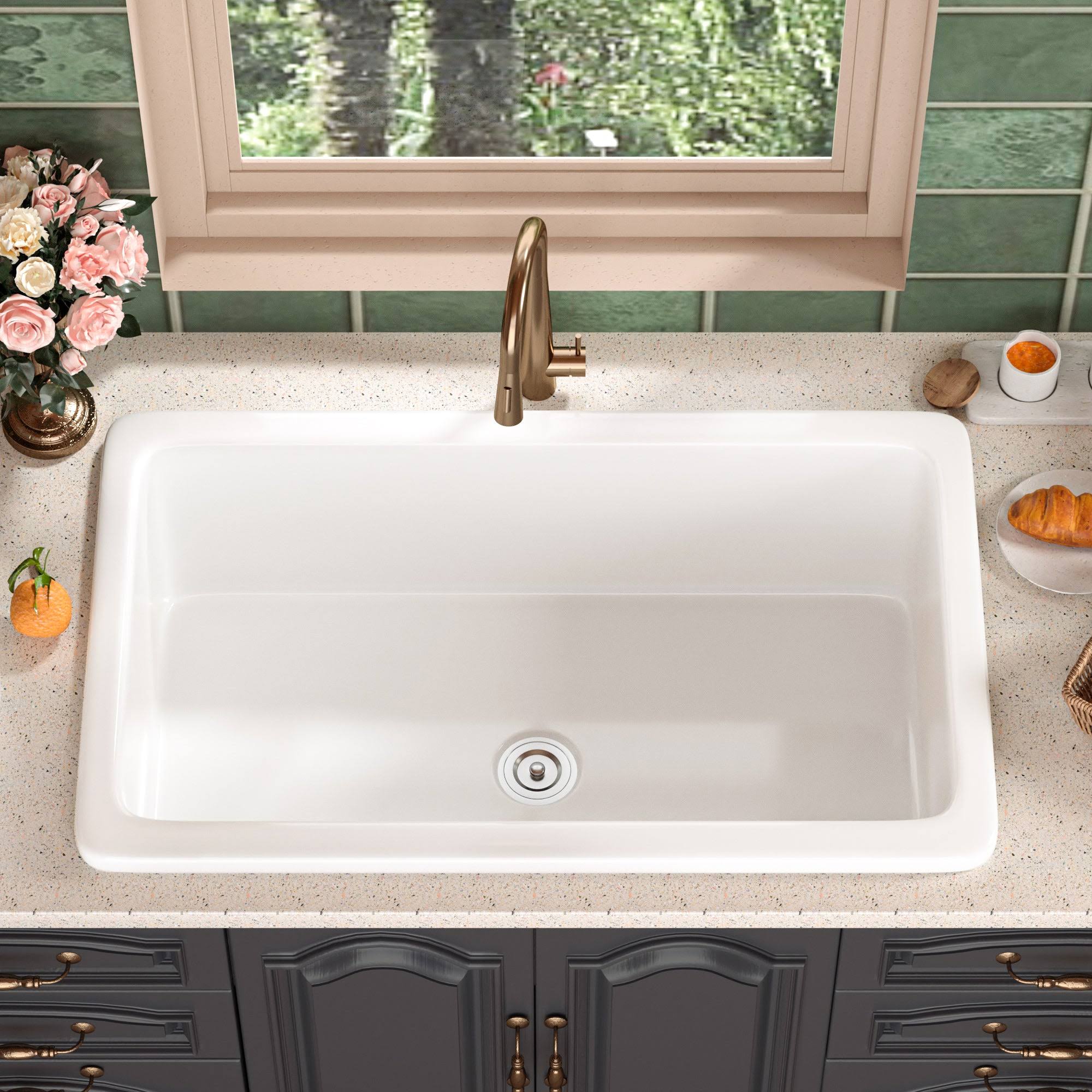 DeerValley Glen White Rectangular Fireclay 32 in. Single Bowl Undermount/Drop-In Kitchen Sink with Basket Strainer and Sink Grid DV-1K513