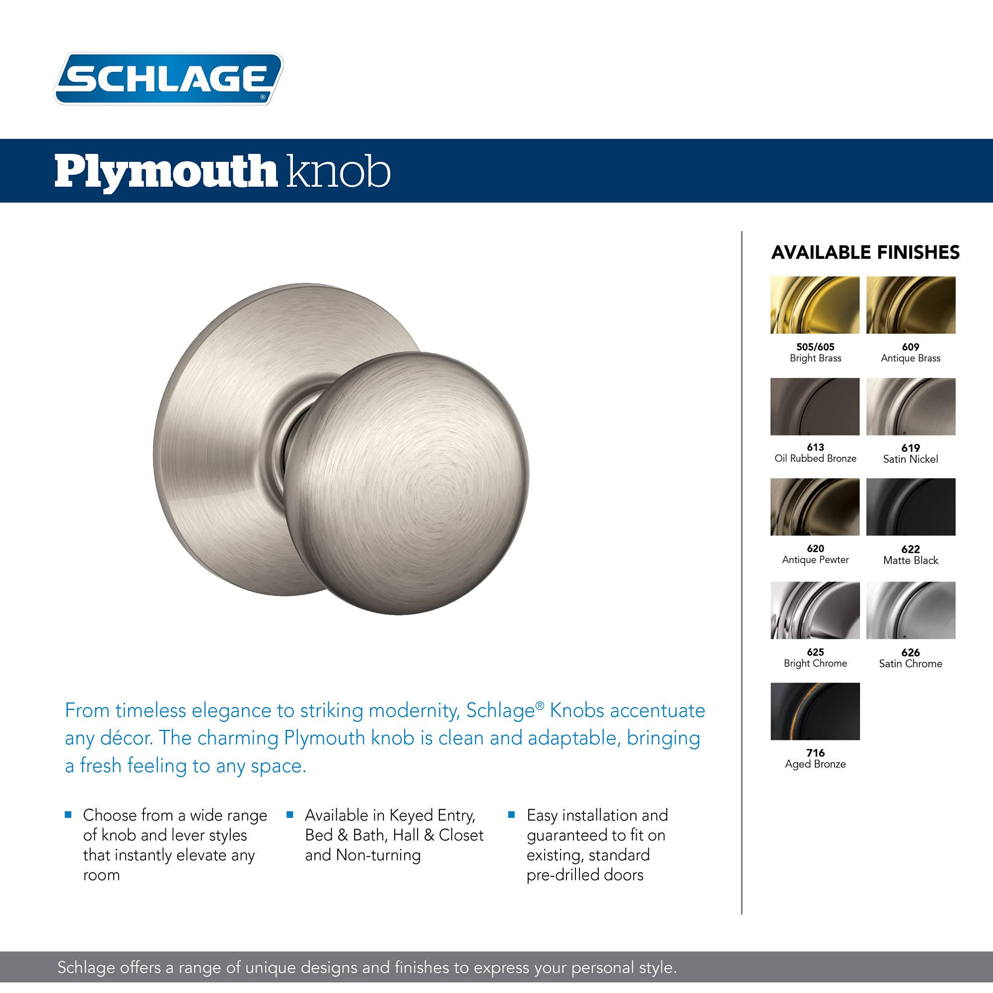 Schlage Plymouth Knob Passage- Matte Black