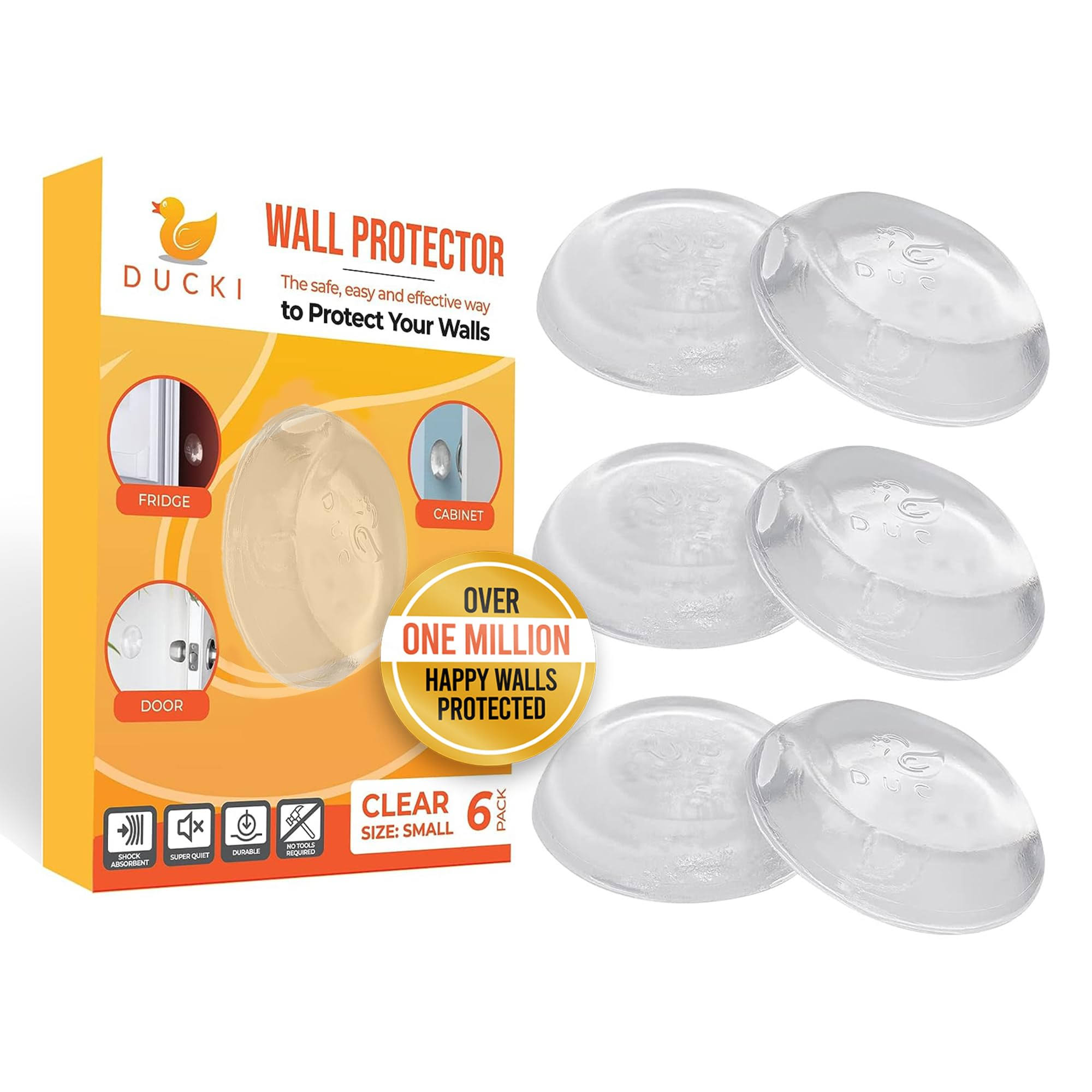Ducki Wall Protectors- 6 Pack Clear- Self Adhesive, Reusable Solution for Stopping Wall Damage & Noise from Doors, Refrigerators & More in Your