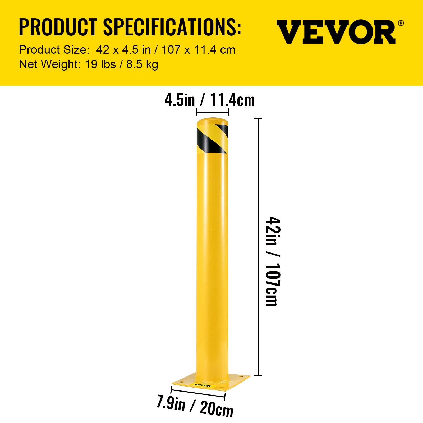 VEVOR 42 in. H x 4.5 in. Dia Safety Bollard Yellow Steel Safety Barrier with 4-Free Anchor Bolts for Traffic-Sensitive Area