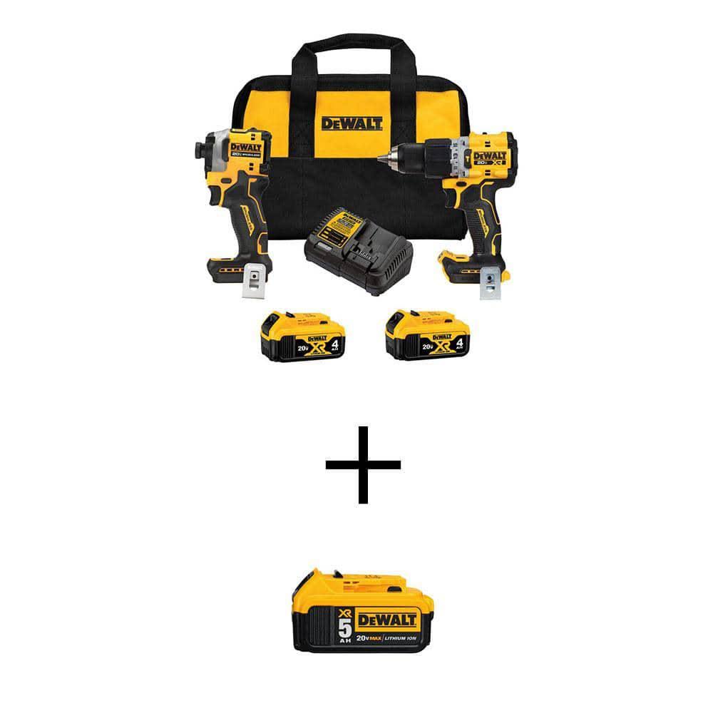 DeWalt 20-Volt Max XR Cordless Hammer Drill & Atomic Impact Driver 2 Tool Combo Kit w/(2) 4Ah & (1) 5Ah Batteries Charger & Bag