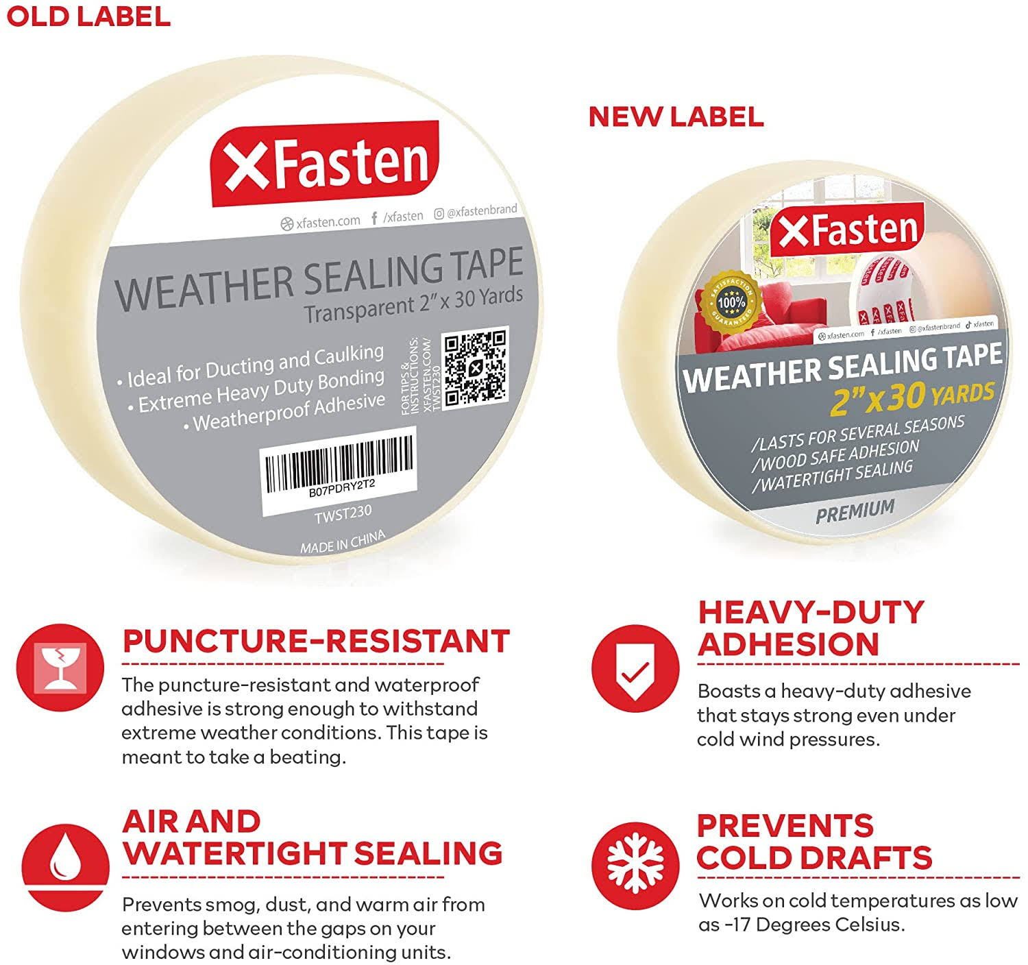 XFasten Transparent Window Weather Sealing Tape, 2-Inch x 30 Yards, Clear Window Draft Isolation Sealing Film Tape, No Residue