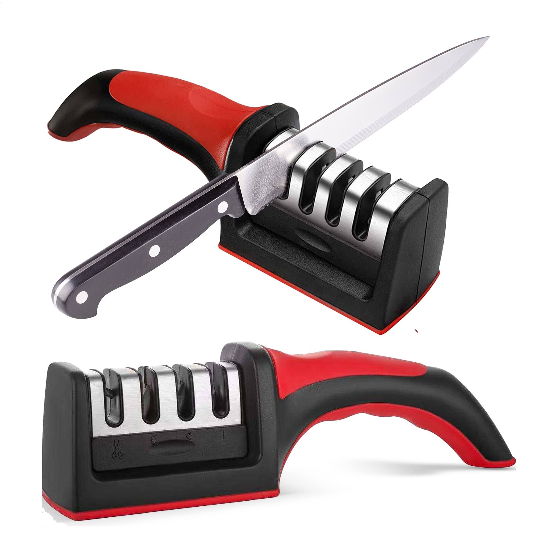 Knife Sharpeners for Kitchen Knives- Stainless Steel 4 in1 Kitchen Knife Sharpener- Ergonomic and Easy to Use Knife Sharpening Kit with 4 Stage