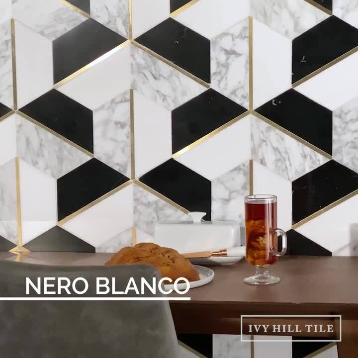 Ivy Hill Tile Timbira Saint Laurent 11.81 in. x 10.23 in. Polished Marble and Brass Wall Mosaic Tile (0.83 Sq. ft./Each)