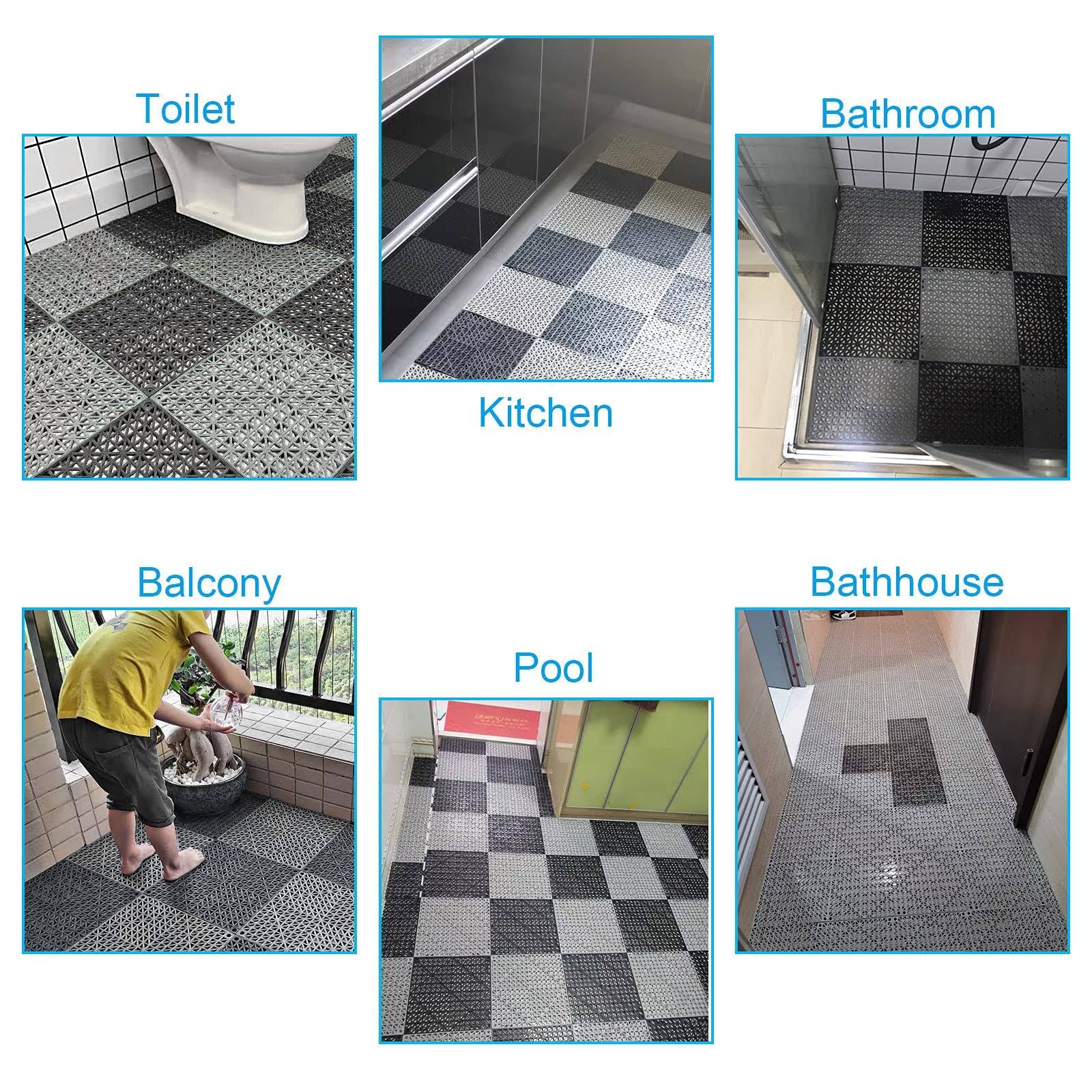 Fengwu 12 Pack 12 x 12 Interlocking Rubber Bathroom Flooring Tiles Non-Slip Splicing Waterproof Mat Modular Interlocking Cushion