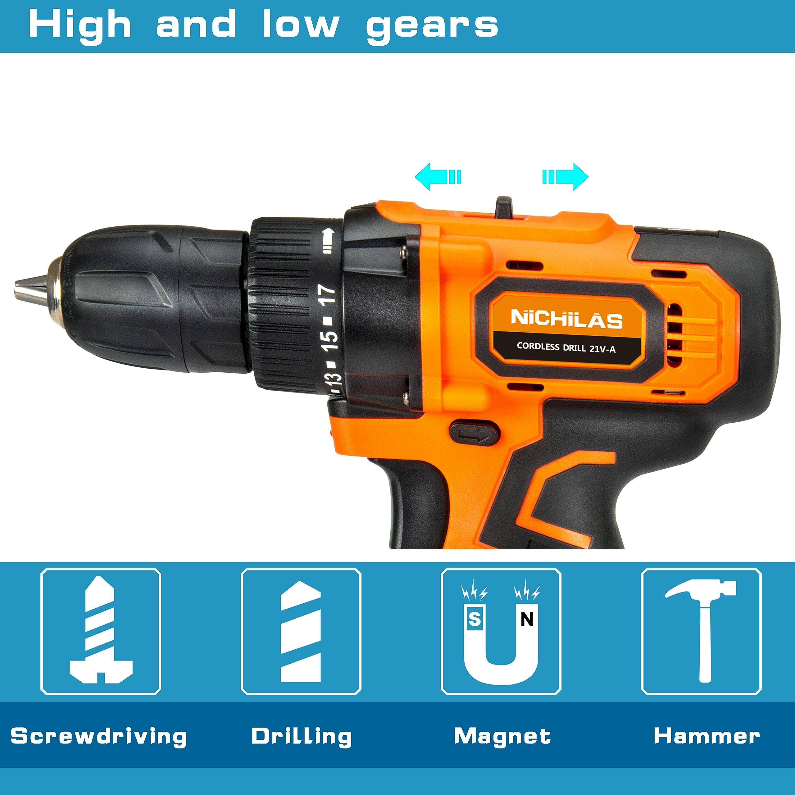 Nichilas Cordless Drill, 21V Power Screwdriver 2 Variable Speed 3/8