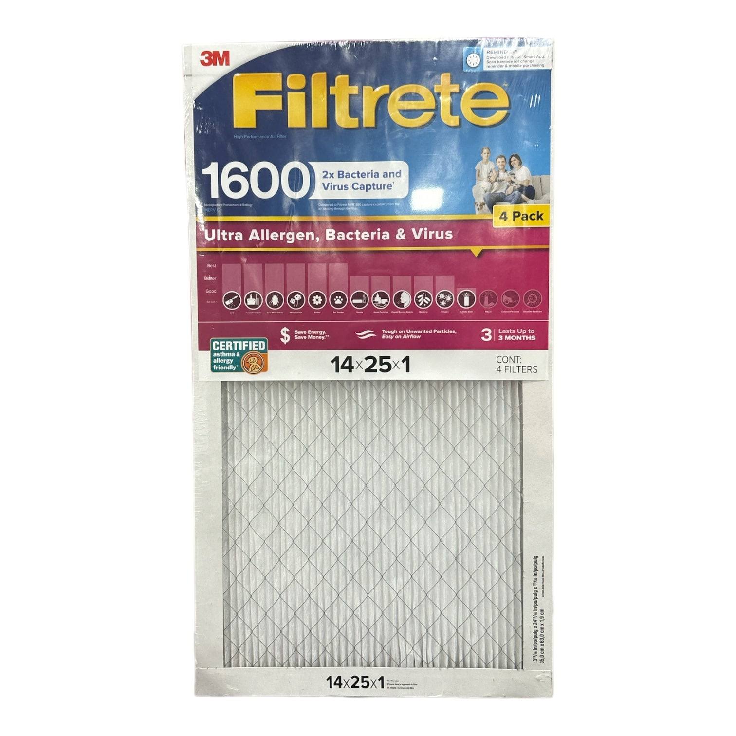 Filtrete Ultra Allergen 2x Bacteria and Virus Filter 14x25x1 1600 MPR 4 Pack