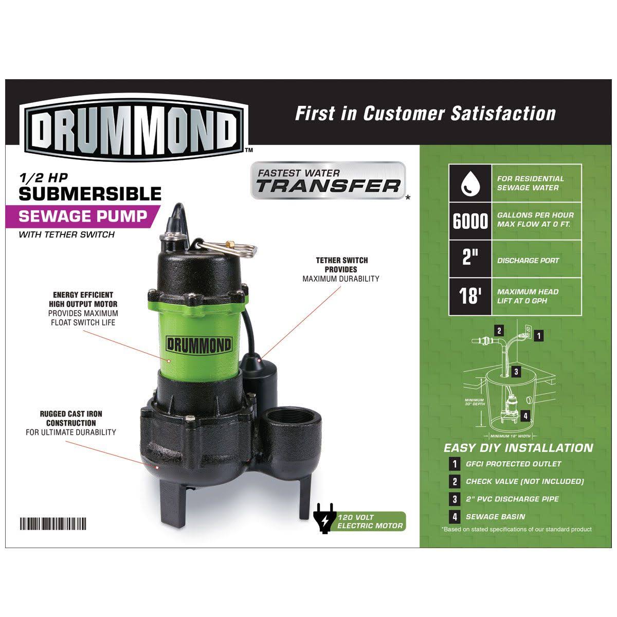 Drummond 1/2 HP Submersible Sewage Pump with Tether Switch 63323