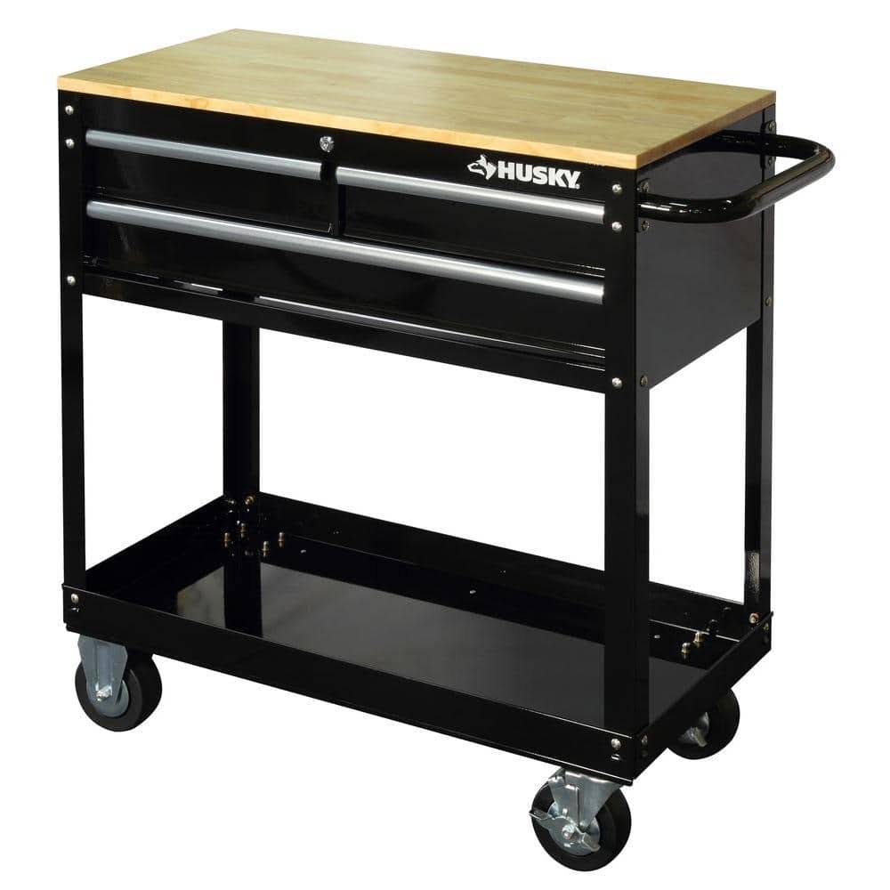 Husky HOUC3603B1QWK 36 in. 3-Drawer Rolling Tool Cart with Wood Top, Black