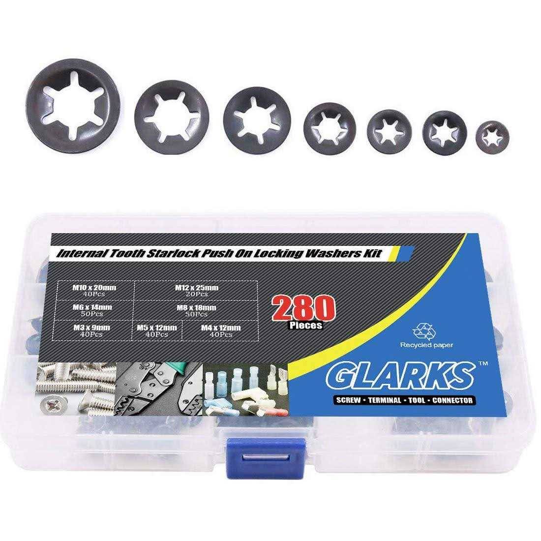 Glarks 280pcs Internal Tooth Starlock Push on Locking Washers Speed Clips Fasteners Kit