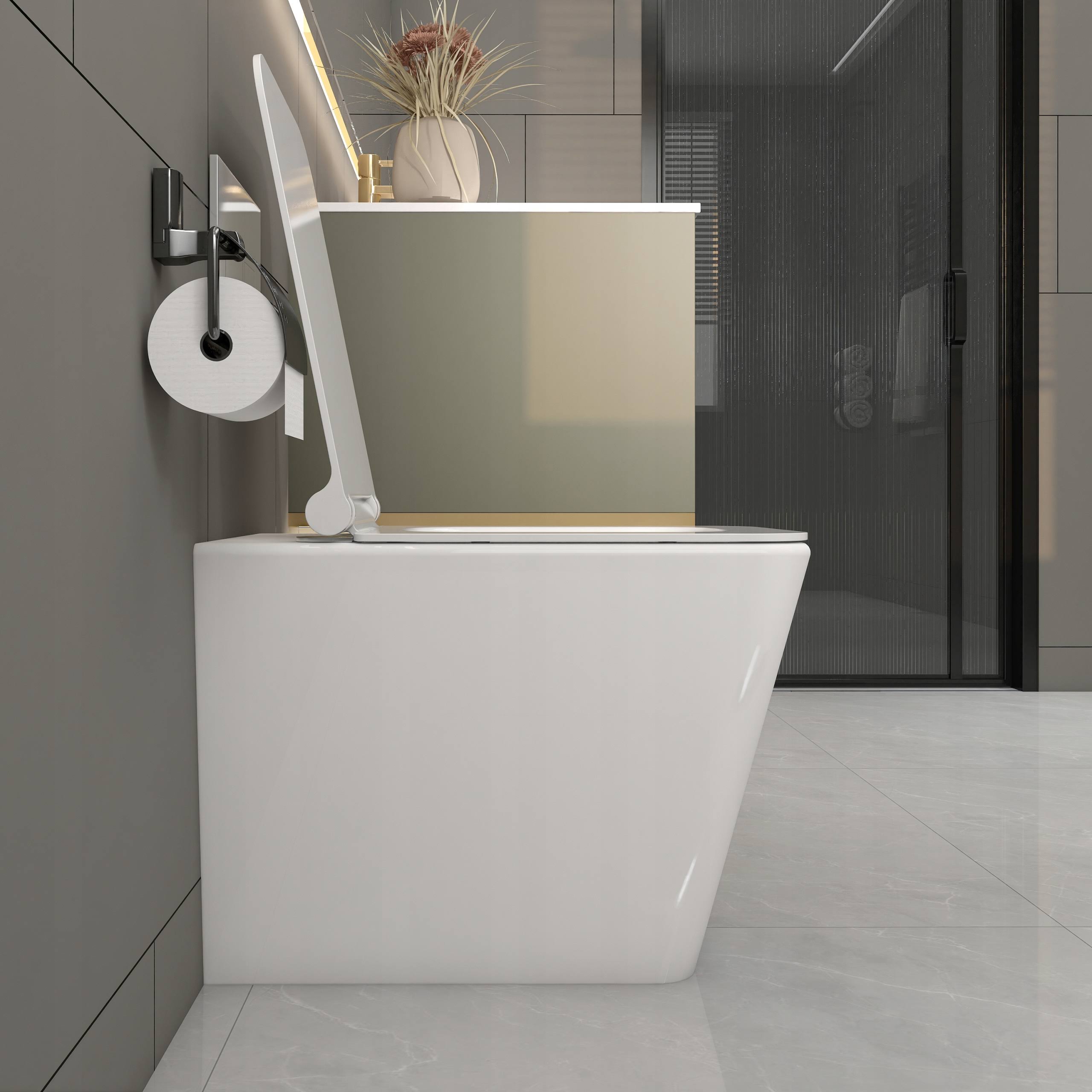 MEJE Back to Wall Toilet, Square Elongated One-Piece Toilet, Dual-Flush,Glossy White (Seat Included), Size: 21.9 x13.86x16.02 Inches (Large*W*H)