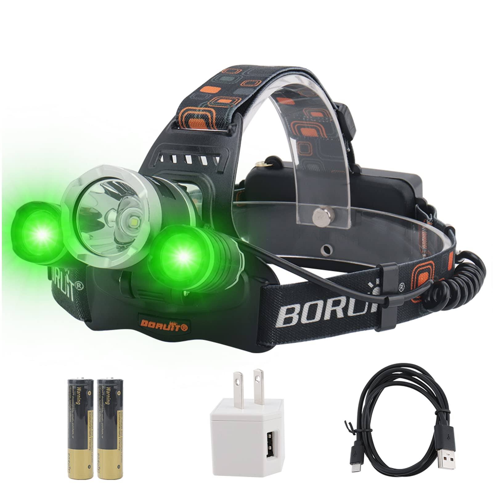 BORUiT RJ-3000 LED Green Headlamp,3 Modes White and Green LED Hunting Headlight,USB Rechargeable 5000 Lumens Tactical Head Lamp for Fishing Running
