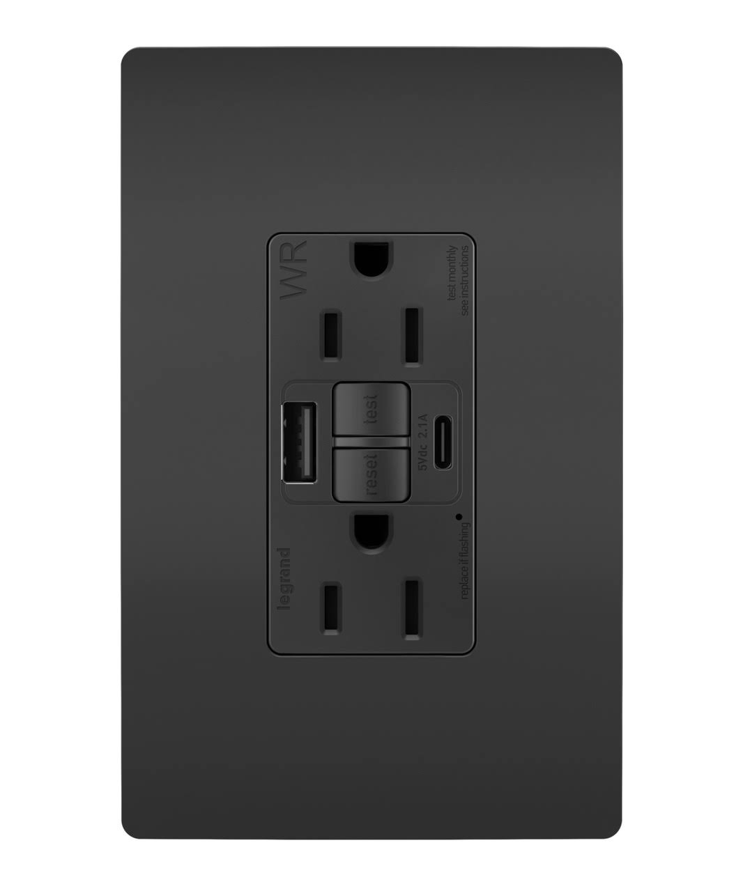Pass and Seymour Self-Test GFCI Receptacle Tamper-Resistant Weather-Resistant 15A with USB Type AC Black (1597TRWRUSBACBK)