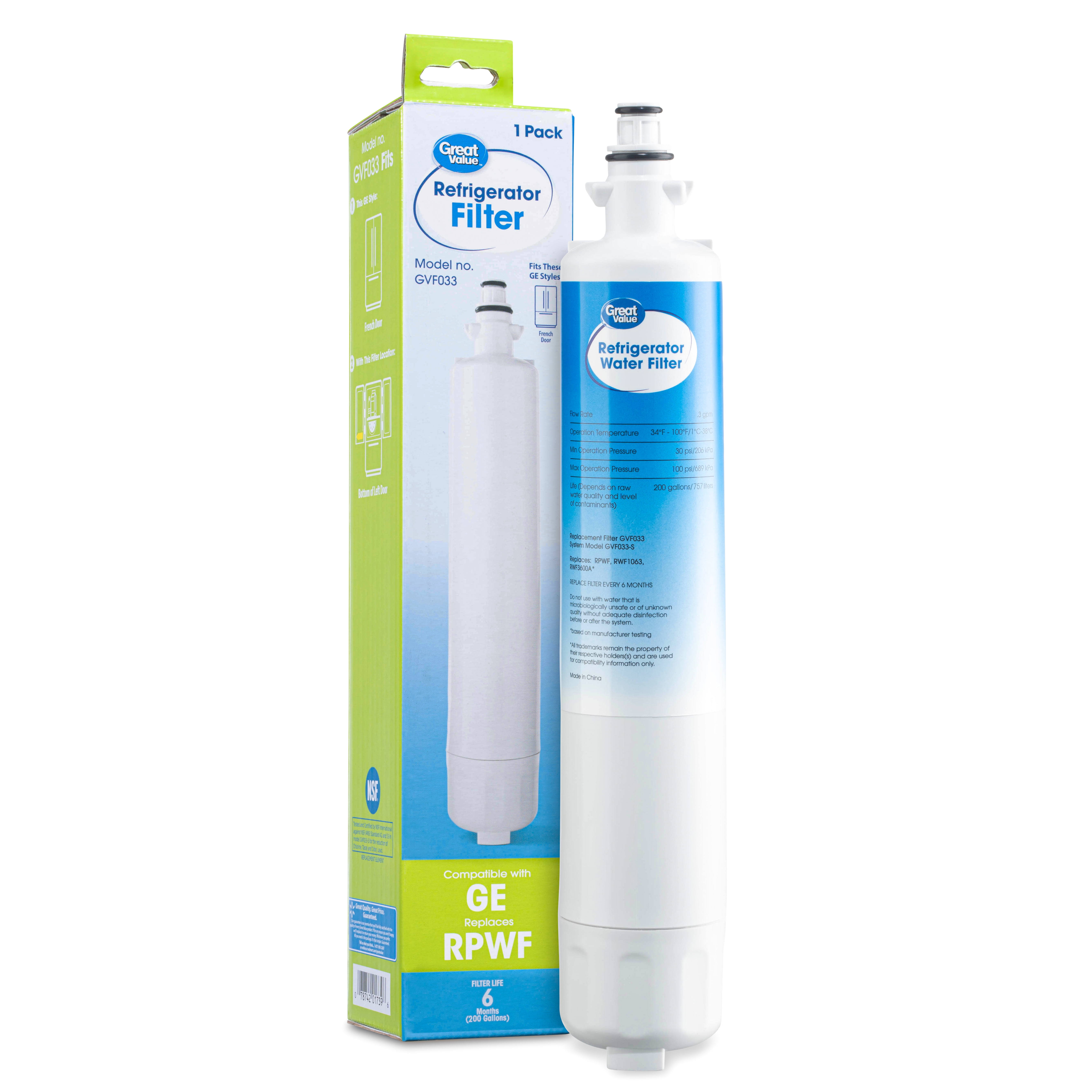 Great Value GVF033 Refrigerator Water Filter, GE RPWF, 1 Pack