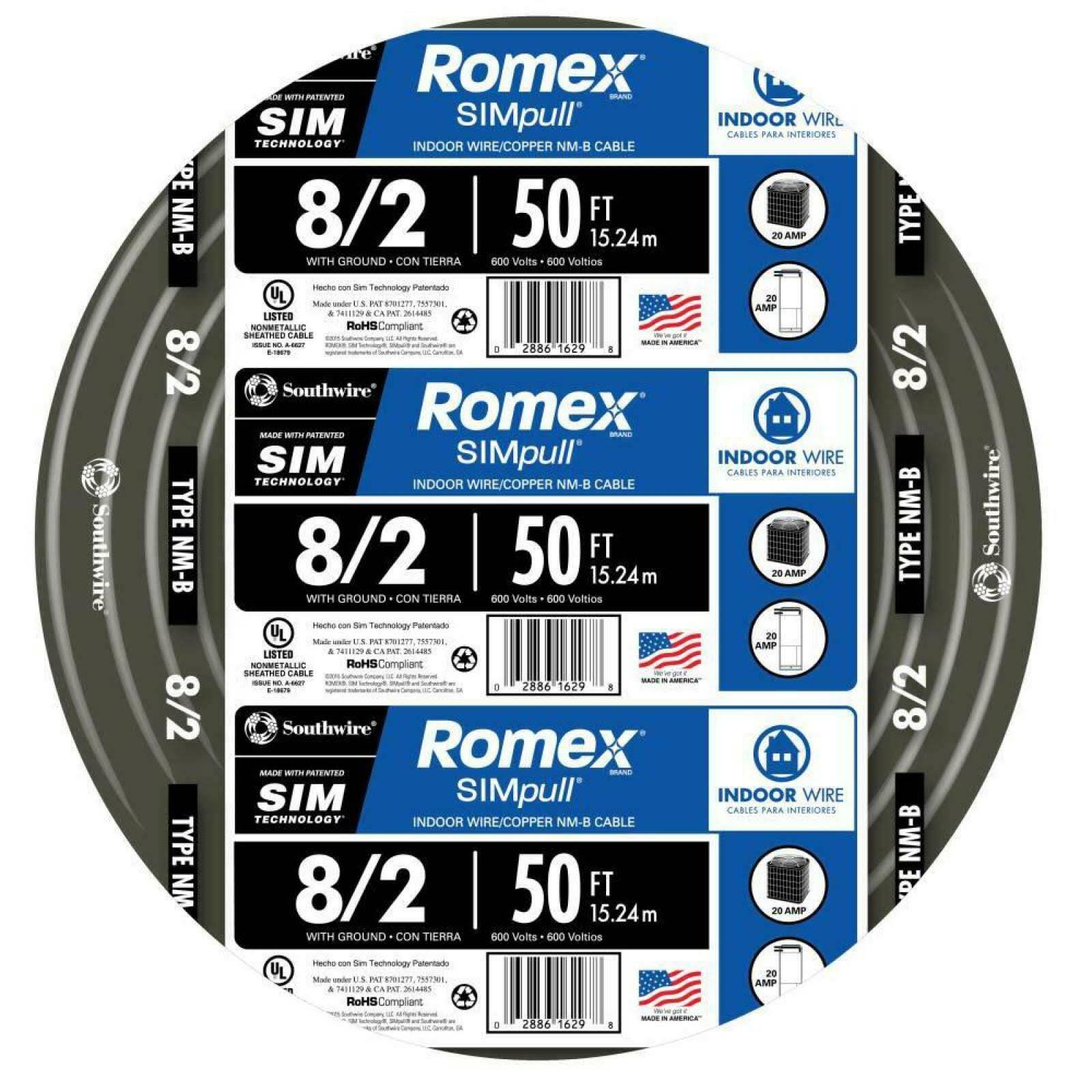 Southwire 50 ft. 8/2 Stranded Romex SIMpull Cu NM-B W/G Wire