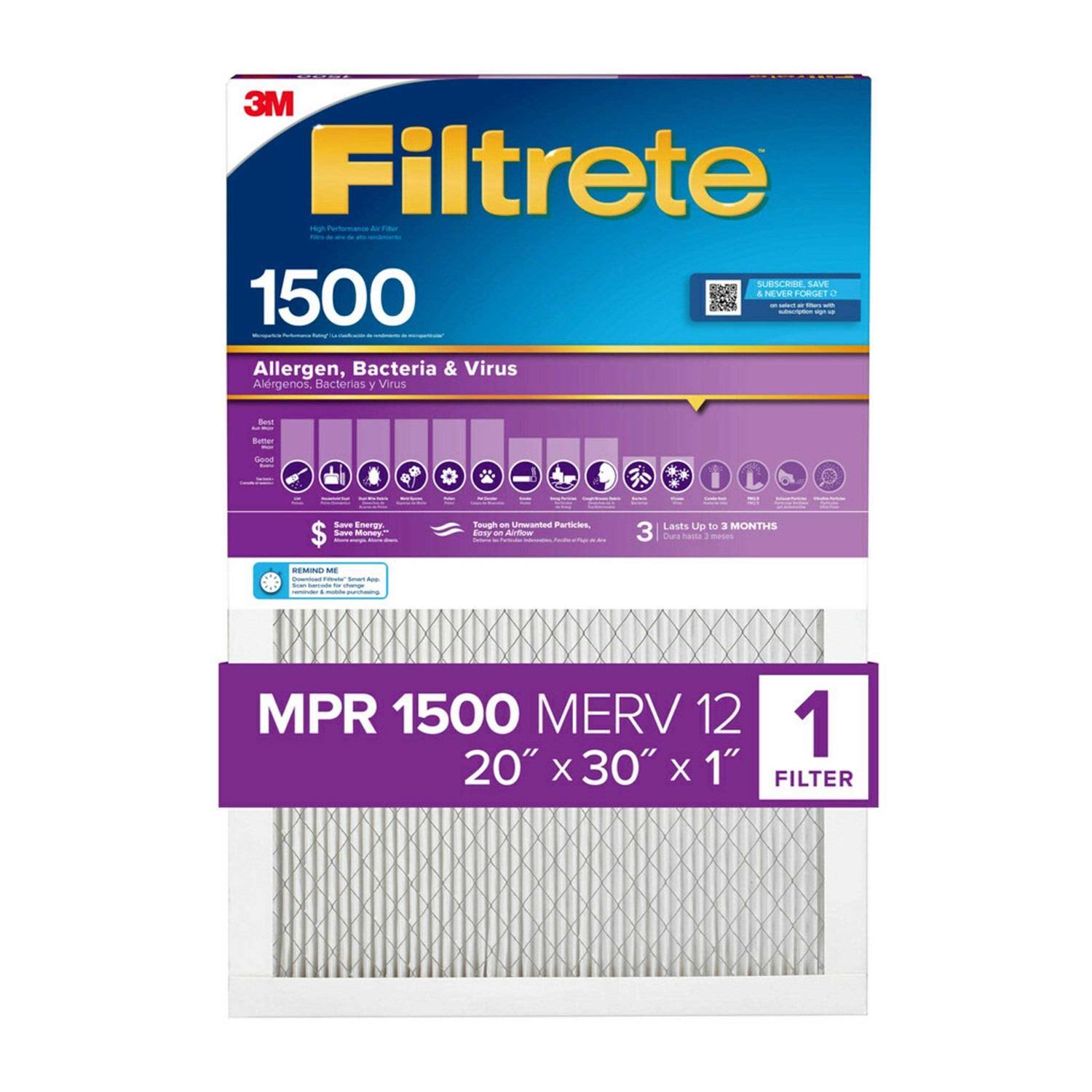 Filtrete 20-in W x 30-in L x 1-in 12 MERV 1500 MPR Allergen, Bacteria and Virus Electrostatic Pleated Air Filter | 2022DC-9