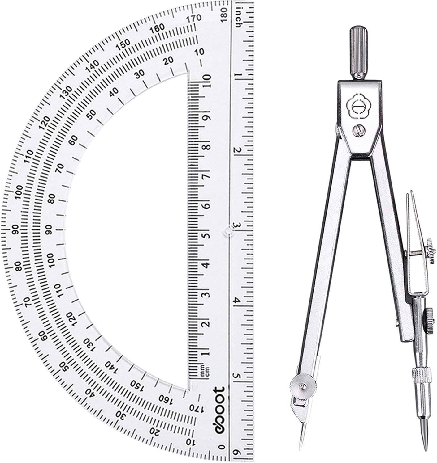 Eboot Student Geometry Math Set Drawing Compass and 6 inch Clear Swing Arm Protractors 180 Degree Math Protractor (Style 1)