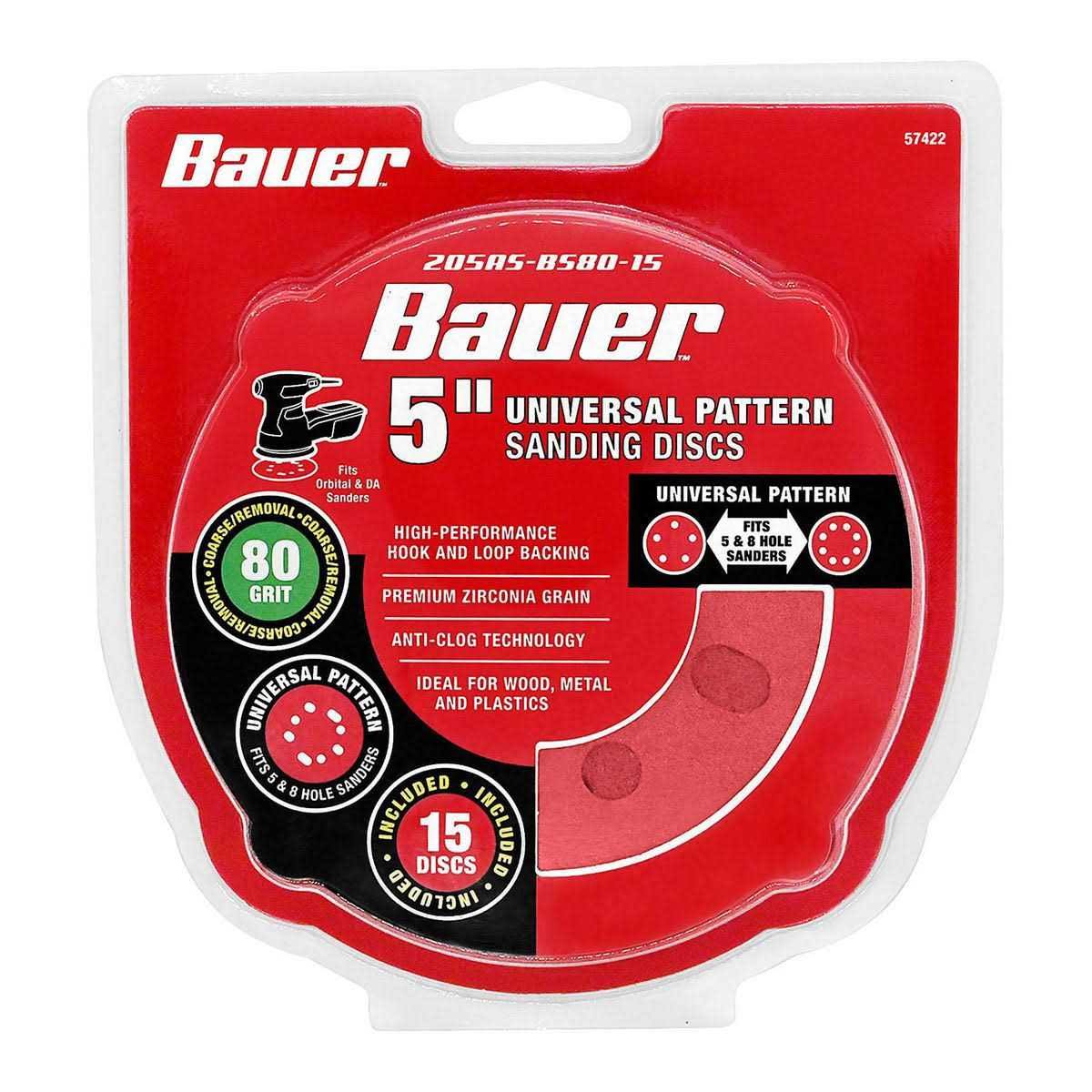 Bauer 5 in. 80 Grit Hook and Loop Universal Pattern Sanding Discs, 15 Pack 57422