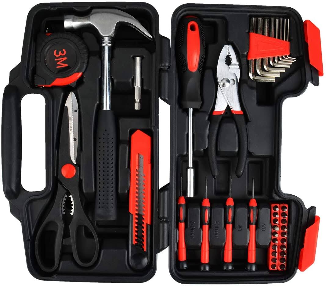 Rvogjp 39-Piece Household Tools Kit- Small Basic Home Tool Set with Plastic Toolbox- Great for College Students, Household Use & More