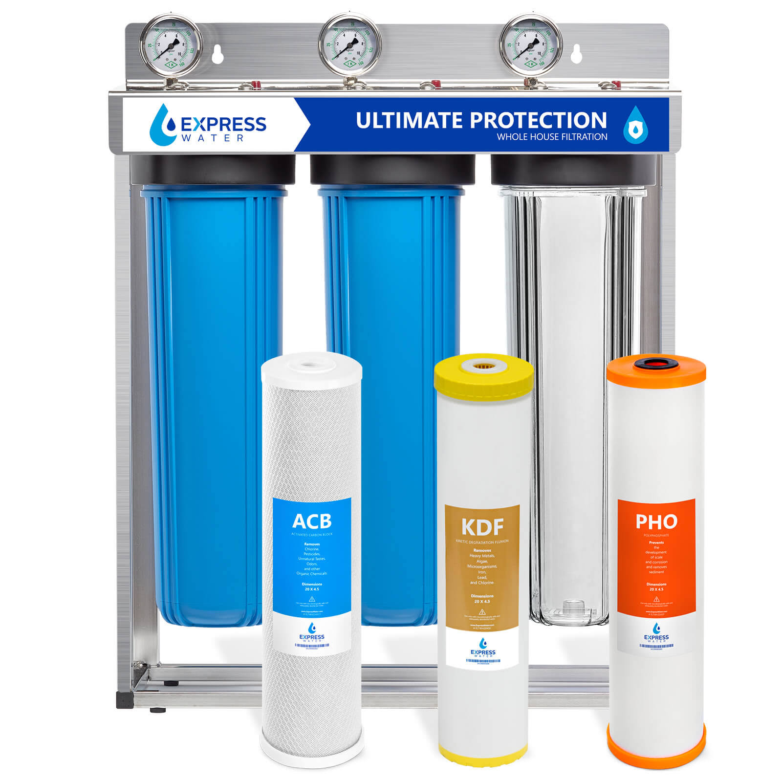 Express Water Ultimate Protection Heavy Metal Anti-Scale Whole House Water Filter �C 3 Stage Filtration System �C Polyphosphate, KDF, Carbon Filters �C