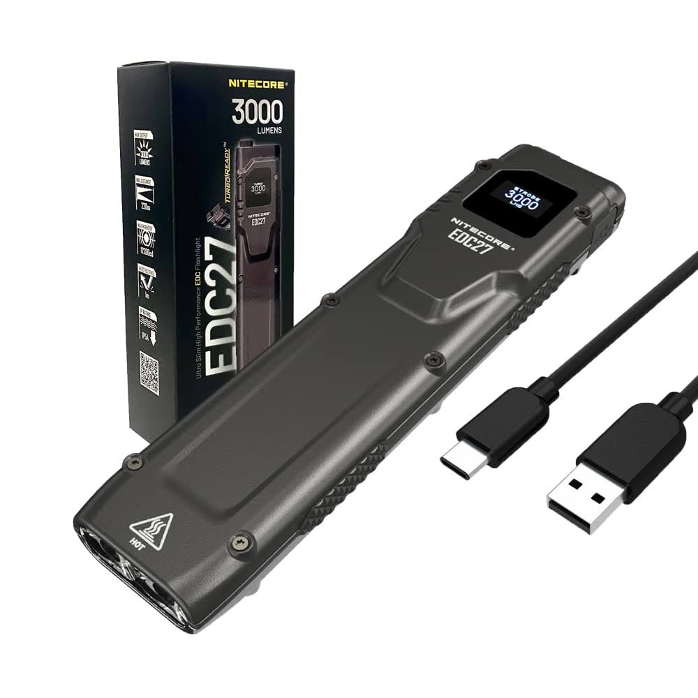 Nitecore EDC27 Every Day Carry Rechargeable Flashlight- 3000 Lumens w/Eco-Sensa USB-C Charging Cable