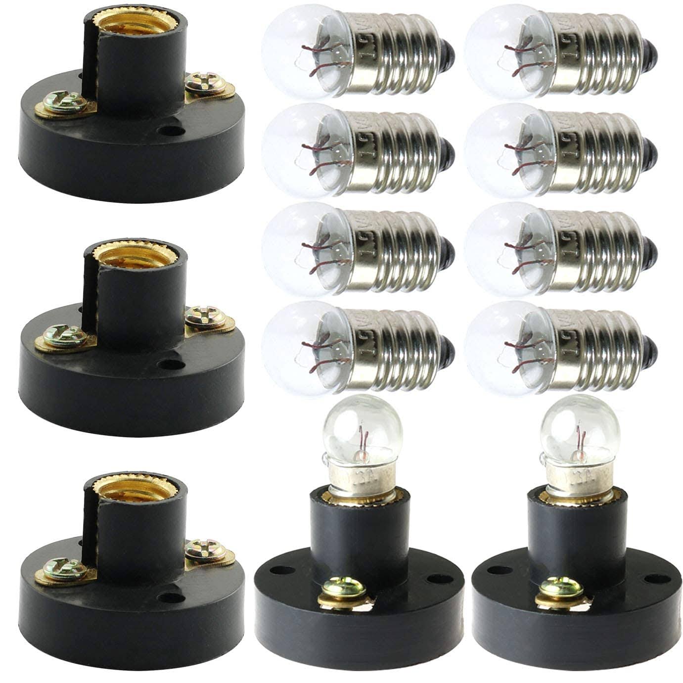 MEETOOT Set of 10pcs Screw Mini Bulb 1.5V and 5pcs E10 Mini Bulb Holder Black Plastic Pure Brass Lamp Bases Student Experiment Lighting DIY