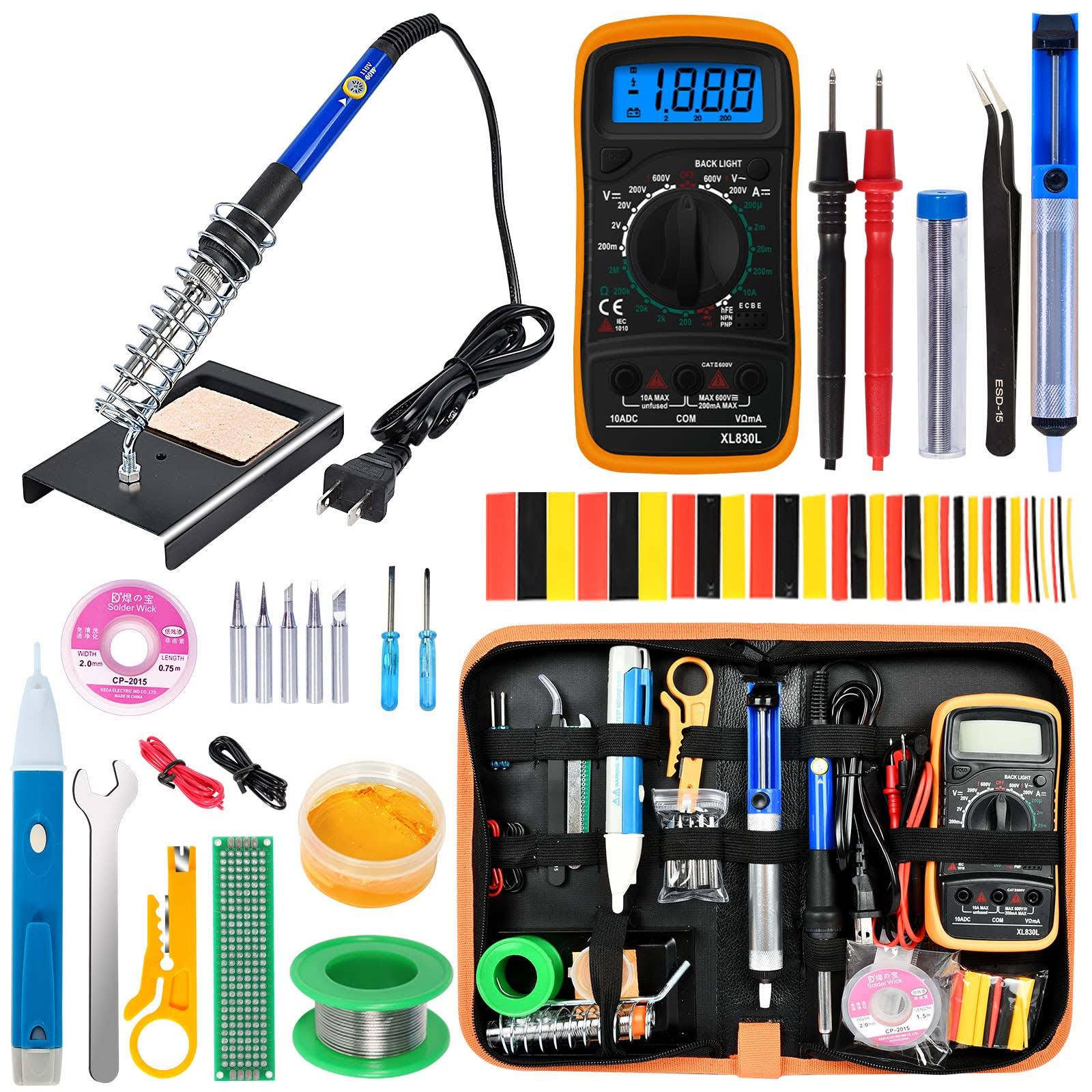 KYZHXVO Soldering Iron Kit,Soldering Iron 60W Adjustable Temperature, Digital Multimeter, 5pcs Soldering Tips, Solder Wire, Stand, Desol