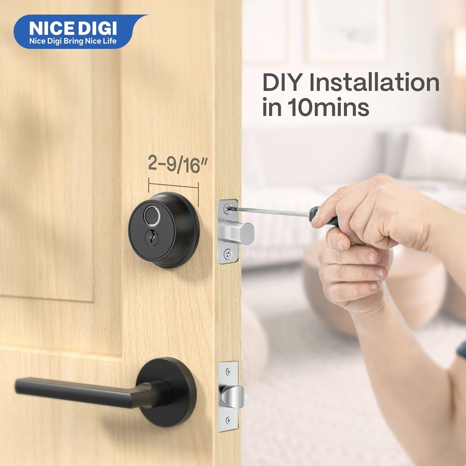 Nice Digi Smart Deadbolt Lock for Front Door: Fingerprint Door Lock- Keyless Entry Door Lock- Electronic Lock with 2 Key- Digital Door Lock with App