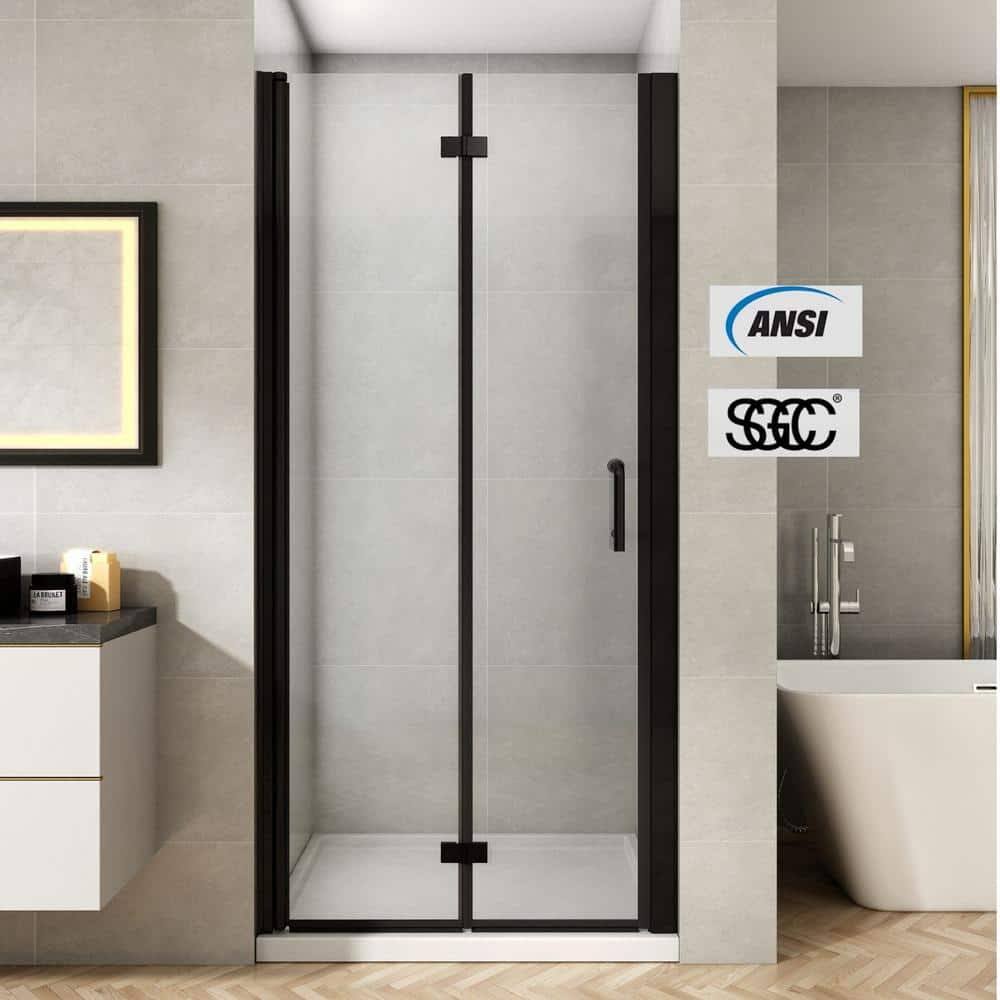 TOOLKISS 34 to 35-1/2 in. W x 72 in. H Bi-Fold Frameless Shower Doors in Black with Clear Glass BFH34MB