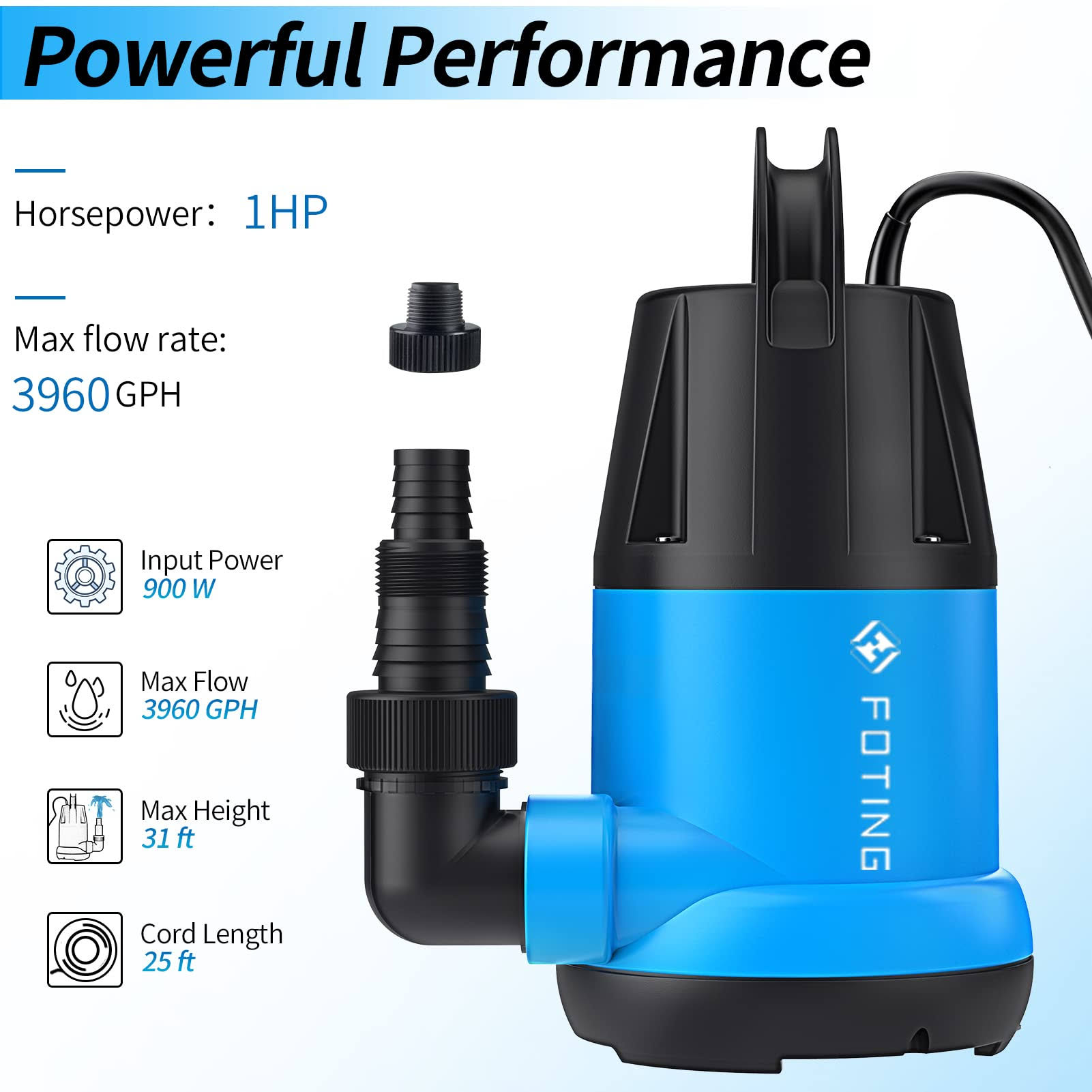 FOTING Sump Pump Submersible 1HP Clean/Dirty Water Pump, 3960 GPH Portable