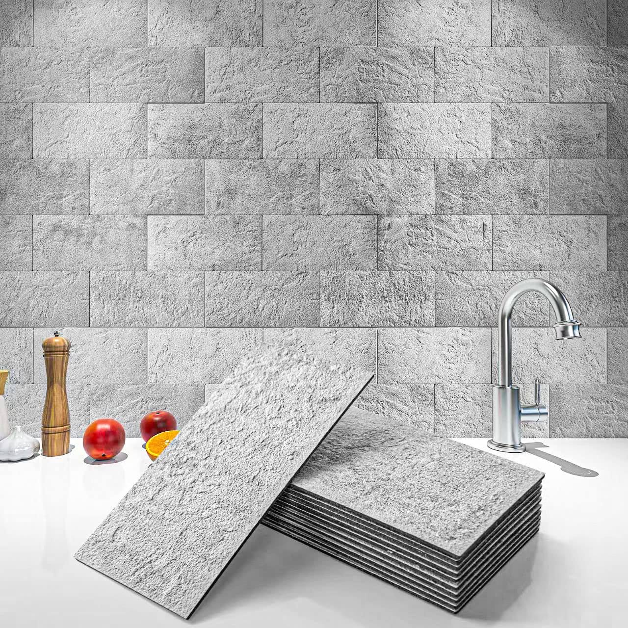 Art3d 102-Piece Backsplash Tile Peel and Stick for Stove Kitchen Bathroom Fireplace, 3in. x 6in. Stick on Subway Tile Natural Stone White
