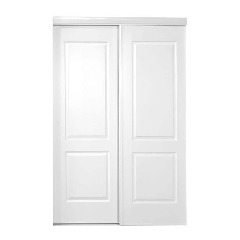 TRUporte 59 in. x 80 in. 108 Series Primed 2 Panel Square Top Design Primed MDF Bypass Sliding Door