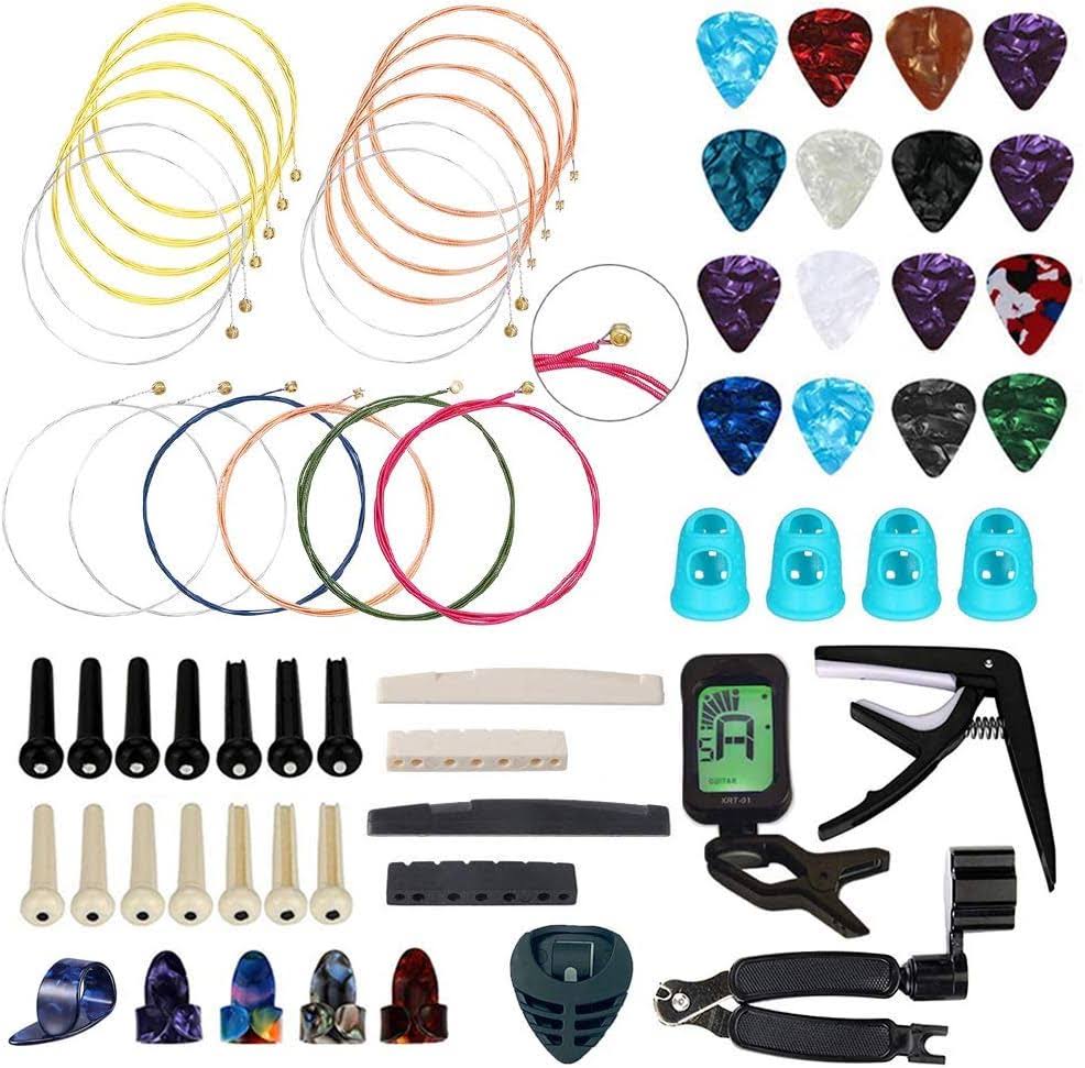 RICWINA 66pcs Guitar Accessories Kit Acoustic Guitar Changing Tool Including Guitar Acoustic Strings Guitar Picks Capo String Winder&cutter Tuner
